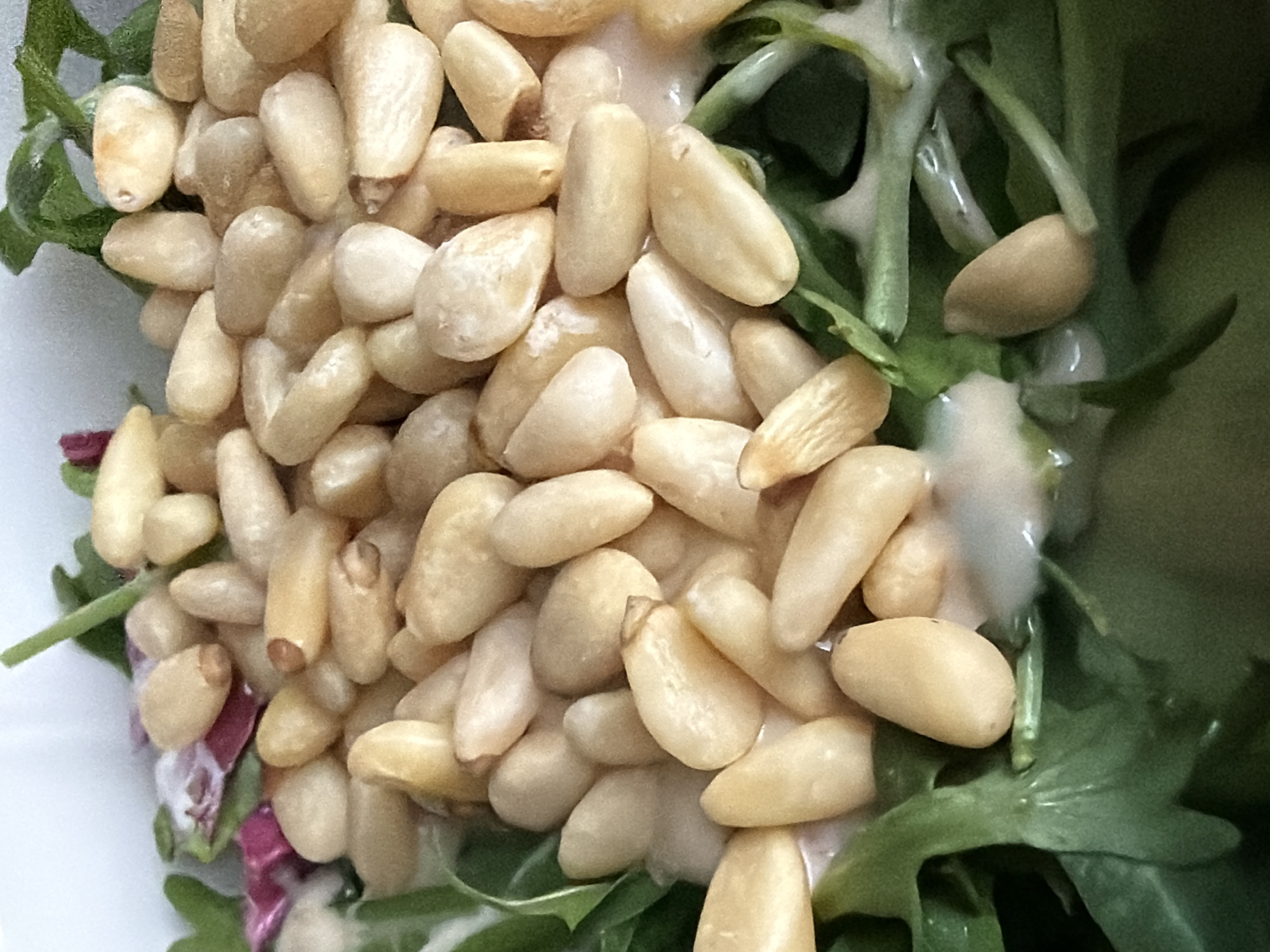 The image shows a close-up of a salad. The main components are a pile of pine nuts, mixed greens (possibly arugula and radicchio), and a creamy dressing. The scene appears to be indoors and the location is not identifiable from the image.