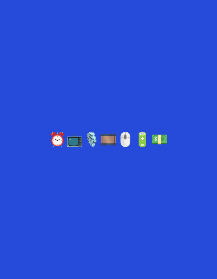 An image displays a row of six cartoonish icons arranged horizontally against a solid royal blue background. From left to right, the icons are: a red alarm clock with white numbers and hands, a vintage television set with a gray screen, a silver microphone, a brown rectangular object resembling a cassette tape or a film reel, a white computer mouse, and a green battery with a plus sign. The objects are centrally aligned in the lower half of the frame. There is no discernible location information or context related to Kuta Selatan, Indonesia within the image.