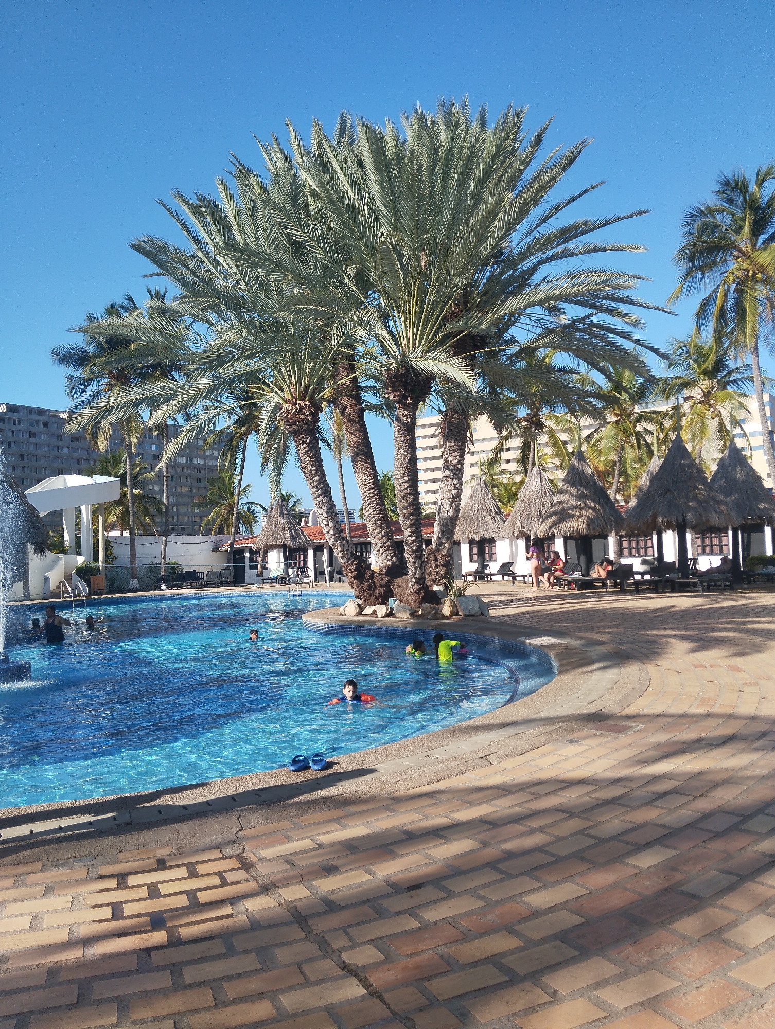 The image shows a sunny day at a resort in Porlamar, Venezuela. A large, curved swimming pool filled with blue water is the central focus, with several people swimming and wading. A water fountain is active in the pool.
The pool is surrounded by a brick walkway, with shadows cast from palm trees. Several palm trees are grouped together near the pool, providing shade. In the background, there are thatched-roof cabanas, lounge chairs, and people relaxing. A multi-story building is also visible in the background. The sky is clear blue.
