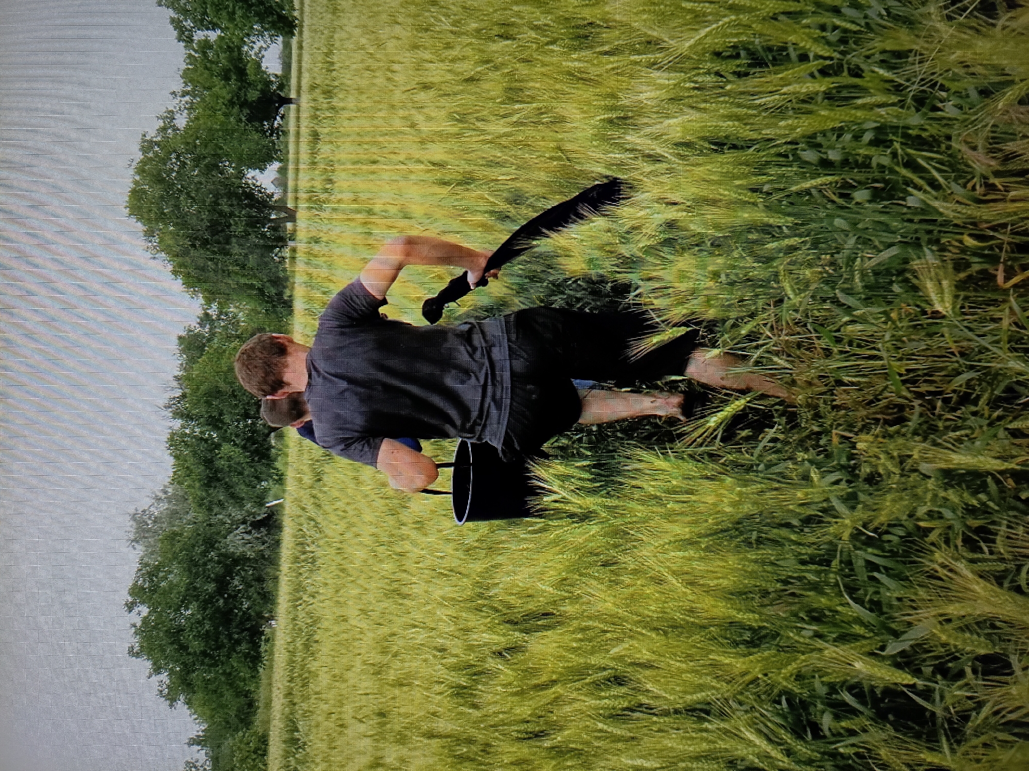 In an image with a high degree of pixelation, two individuals are depicted walking through a field of tall, green and yellow grass or wheat under an overcast sky. The person in the foreground, viewed from behind, is a male with short brown hair, wearing a dark gray t-shirt and dark shorts. He is barefoot and carries a black bucket in his left hand, and a curved, black object, possibly a scythe or sickle, in his right hand. The second person, partially visible behind the first, is also wearing a dark t-shirt and appears to be walking in the same direction. The field extends to a line of trees in the background. There is no identifiable information in the image to indicate a location in Tiraspol, Moldova.
