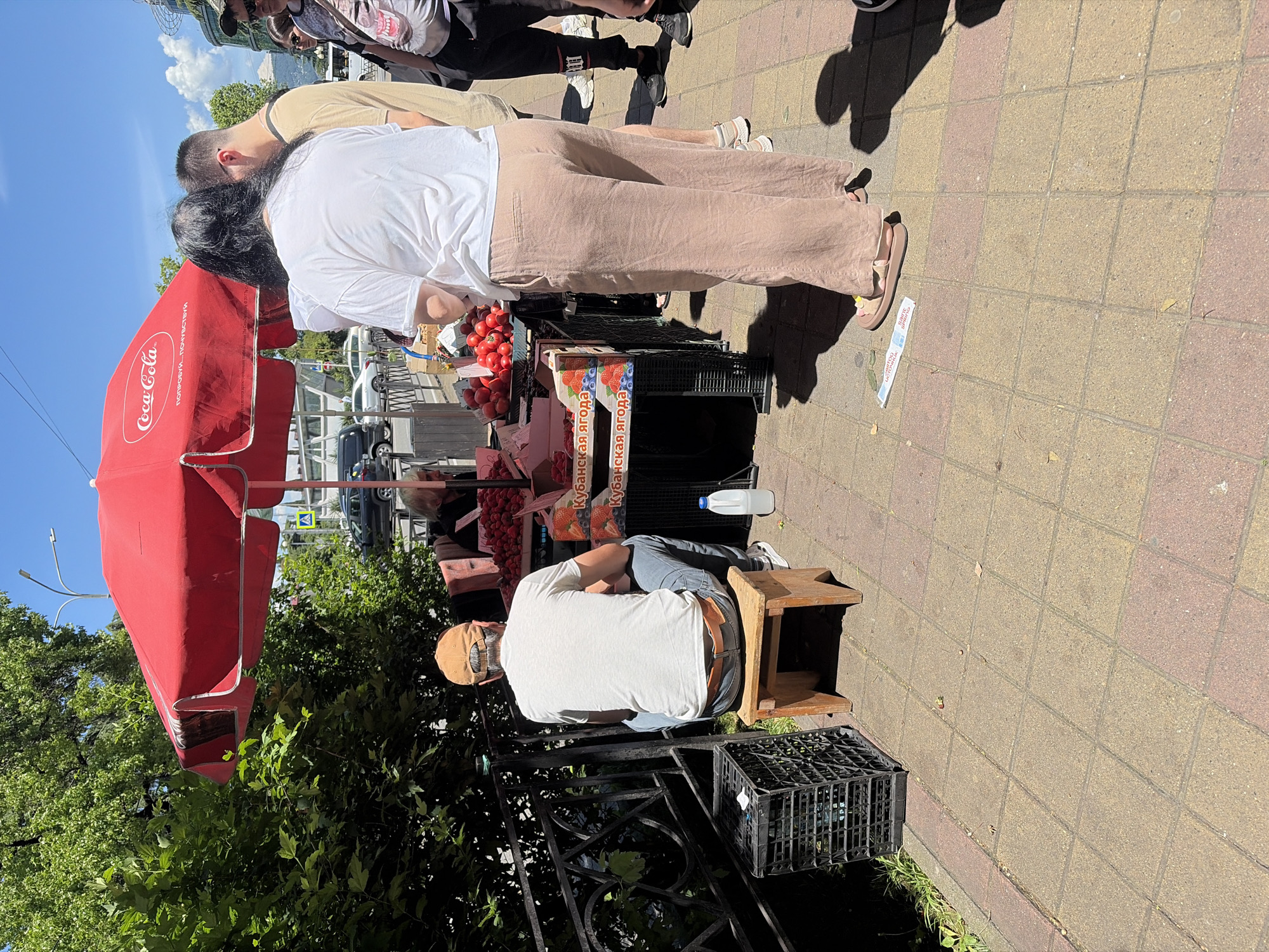 A bright, sunny outdoor market scene in Sochi, Russia, shows a fruit stall under a large red umbrella with a Coca-Cola logo. A man wearing a beige baseball cap and a white t-shirt sits on a wooden stool, facing away from the camera, looking towards the stall. In front of him is a black plastic crate. The fruit stall displays crates of tomatoes and what appear to be strawberries. Several people are gathered around the stall, some looking at the produce. A woman in a white t-shirt and beige pants stands at the stall, seemingly interacting with the vendor. Another man in a tan t-shirt stands behind her. To the right, other individuals are visible, including a person wearing a t-shirt with a graphic design. The ground is paved with square bricks, and lush green trees and bushes are visible in the background, suggesting a warm climate. A white plastic bottle is on the ground next to the wooden stool.