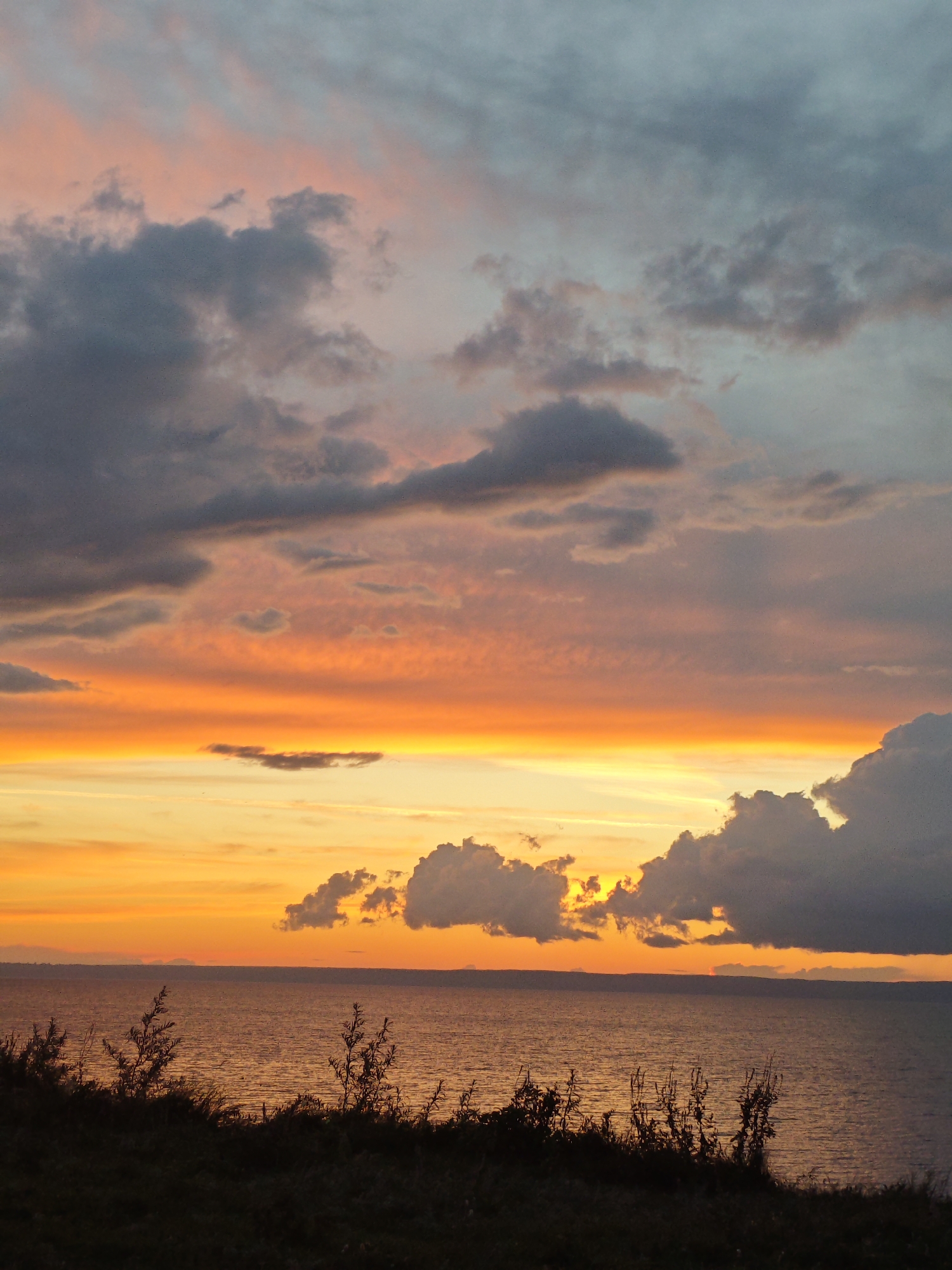 The image depicts a coastal scene at sunset, with the sun partially obscured by clouds, casting a warm orange and yellow glow across the sky and water. The water is calm, with gentle ripples reflecting the colors of the sky. Silhouetted vegetation lines the foreground, suggesting a hillside overlooking the sea. The sky is filled with a mixture of dark gray and vibrant orange clouds, creating a dramatic and colorful display. The overall impression is one of natural beauty and tranquility. The location is identified as Архангельское, Russia, which is a settlement known for its historical estates and scenic landscapes along the Moskva River. However, this image depicts a sea, not a river. The time of day is clearly sunset, indicated by the low angle of the sun and the rich colors in the sky. There are no people or animals visible in the image, and no discernable man-made structures apart from what might be a distant shoreline on the horizon. The environment is natural and serene, emphasizing the power and beauty of the sunset over the water.