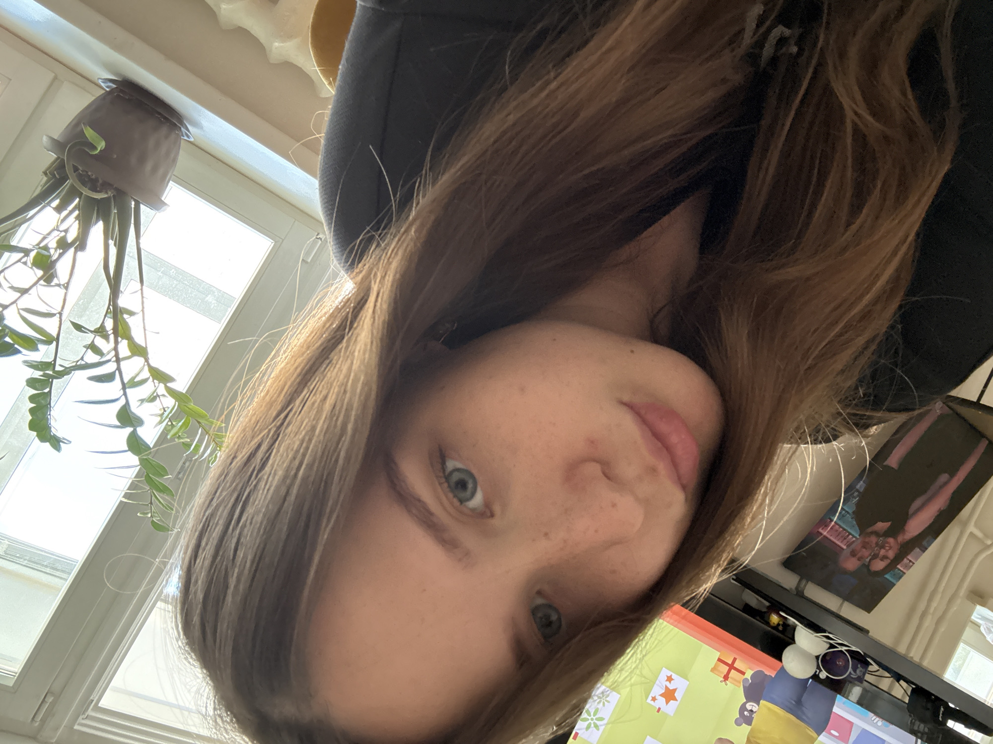 The image is an upside-down, close-up selfie of a young woman with long, brown hair and light blue eyes. She has freckles across her nose and cheeks and her lips are slightly parted. She is wearing a dark hoodie. In the background, a window with white trim is visible, with sunlight streaming through. A hanging plant in a brown pot is suspended from the top of the window frame, with long green leaves trailing down. To the right of the woman, a computer monitor displays a colorful, cartoonish image with festive elements like presents and stars. Further in the background, a shelf or desk is visible with a framed photo of two people, sunglasses, and other indistinct objects. The overall scene appears to be indoors, likely in a home, during the daytime given the bright sunlight. The woman's expression is neutral. There is no visible text in the image.