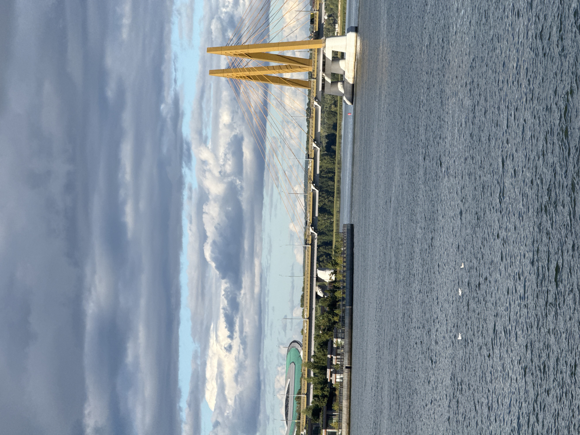 The image shows a wide body of water, likely a river, in Kazan, Russia. In the background, a modern cable-stayed bridge with bright yellow pylons spans across the water. The bridge is adorned with yellow cables that support the road. A long, yellow-colored bridge is visible behind the cable-stayed bridge, and further in the background, a distinctive green-roofed building with a curved design, possibly a stadium or arena, can be seen. The water is a deep blue-grey, with gentle ripples reflecting the light. Three white birds are visible on the water in the foreground. The sky is partly cloudy, with dramatic grey clouds interspersed with patches of blue. The overall scene conveys a sense of urban infrastructure set against a natural waterway and a dynamic sky.