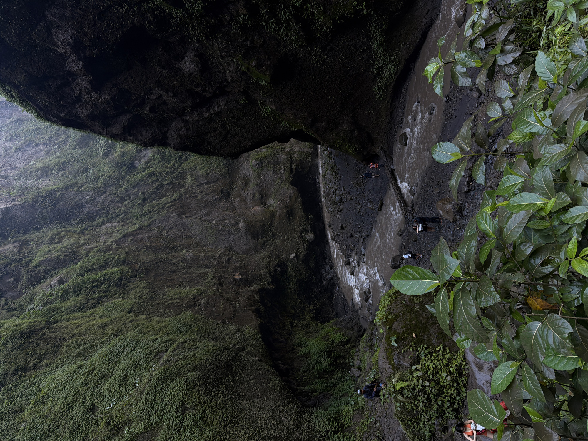 The image depicts a narrow canyon with a river flowing through it. The canyon walls are steep and covered in dense green vegetation. Several people are visible in the scene, some standing near the riverbank and others on the vegetation-covered slopes. In the foreground, large green leaves obscure part of the view. The overall impression is of a remote, natural environment. Based on the provided information, the location is identified as Sidomulyo, Indonesia.