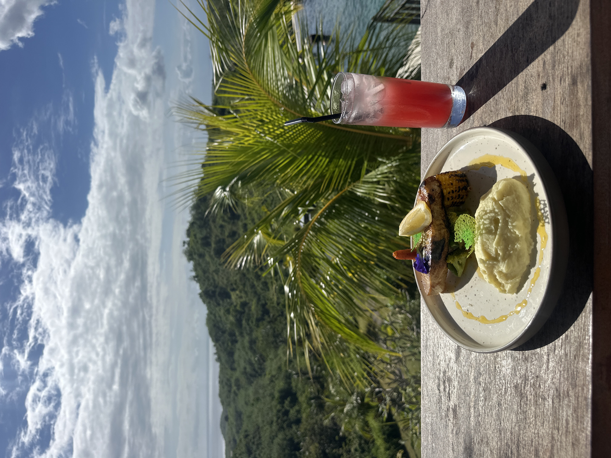 The image captures a scenic view in Nusa Penida, Indonesia. It showcases a partially visible plate of food containing grilled fish, mashed potatoes, grilled corn, and decorative vegetables. Next to the plate, there's a tall glass filled with a reddish-pink beverage, presumably a cocktail, with a straw. The scene is set on a wooden surface, possibly a table or balcony. The background features lush greenery and a glimpse of the ocean under a partly cloudy blue sky. The overall setting suggests an outdoor dining experience at a restaurant or resort.