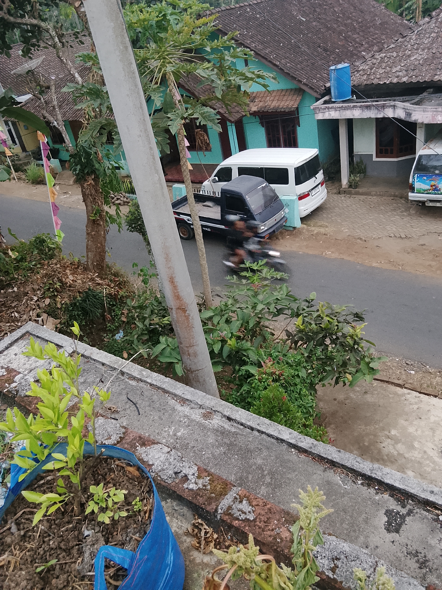 In the rural village of Betonan, Indonesia, an outdoor scene unfolds. A light-colored concrete pole runs vertically through the center of the frame, obscuring a portion of a narrow asphalt road. On the road, a motorcycle, blurred by motion, is captured mid-journey, heading away from the viewer. Parked on the roadside are several vehicles: a black pickup truck, a white van, and another white vehicle partially visible on the right. In the background, houses with brown tile roofs and aqua-colored walls are visible, some with satellite dishes attached. Lush green trees and foliage are abundant, with a small potted plant in a blue bag occupying the foreground on the left side of the image, situated on a concrete ledge. The environment suggests a residential area in a tropical climate, possibly during daylight hours.