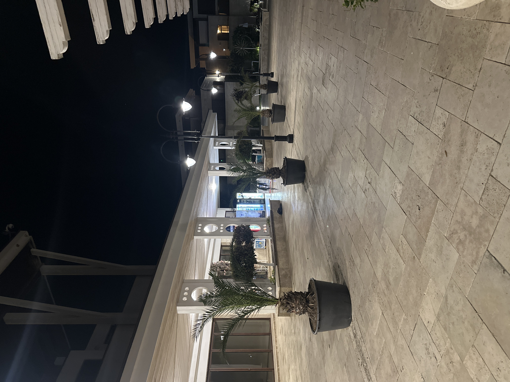 The image depicts an outdoor area at night, illuminated by artificial lighting. The foreground features a paved walkway made of large, light-colored rectangular tiles. Several potted palm trees are strategically placed on the walkway. In the background, a modern building with a covered walkway supported by columns is visible. The building appears to have glass doors and windows. Streetlights with classic lamp designs are positioned along the walkway. The overall impression is one of a well-maintained outdoor space, likely belonging to a hotel or resort, in the city of Sozopol, Bulgaria. There are no people visible in the image.