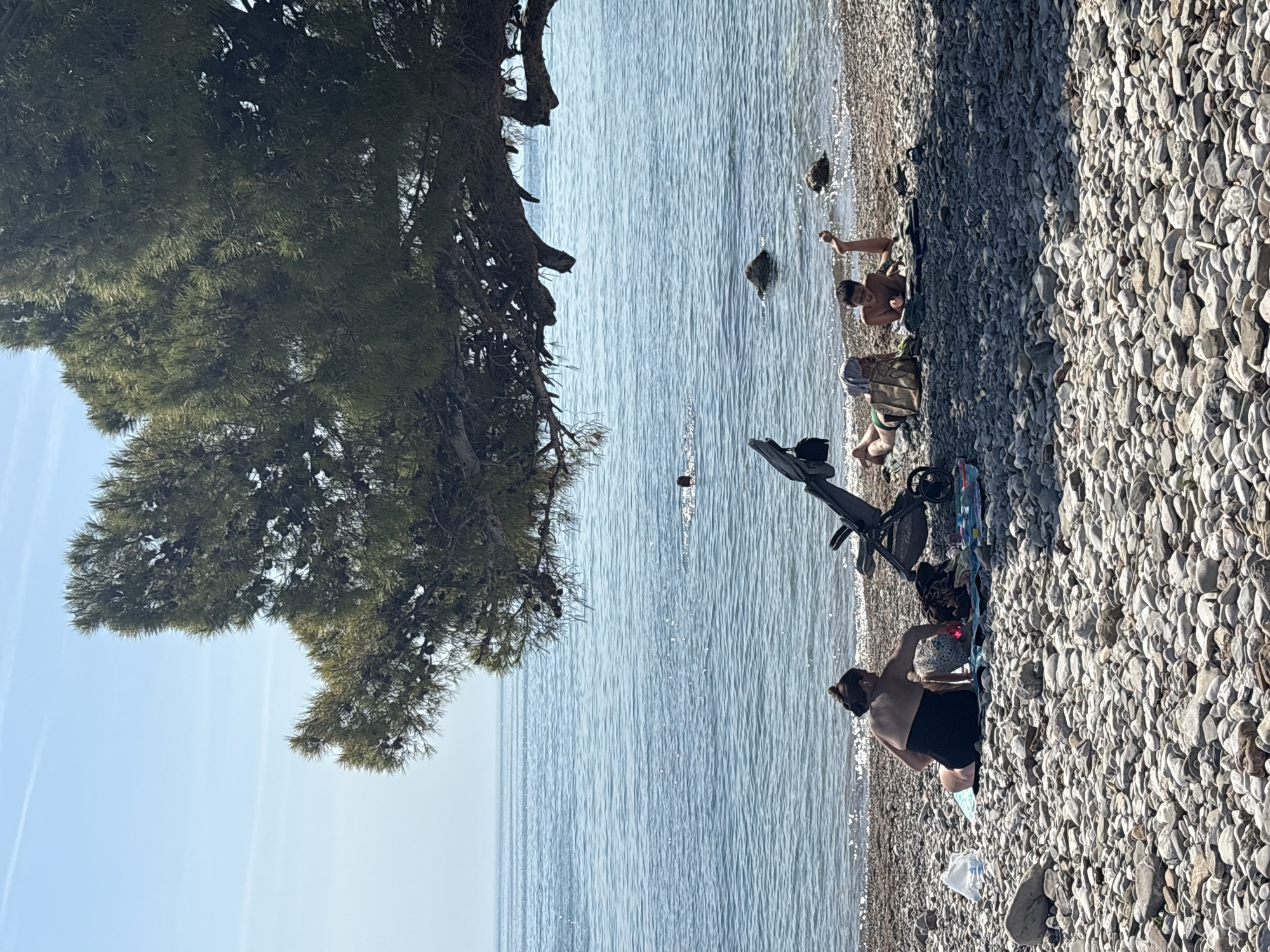 On a pebble beach in Bar, Montenegro, a woman in a black swimsuit sits near the water, attending to an item. A baby stroller and a few other people are visible further down the beach. The beach borders the sea, and a large tree grows on the left.