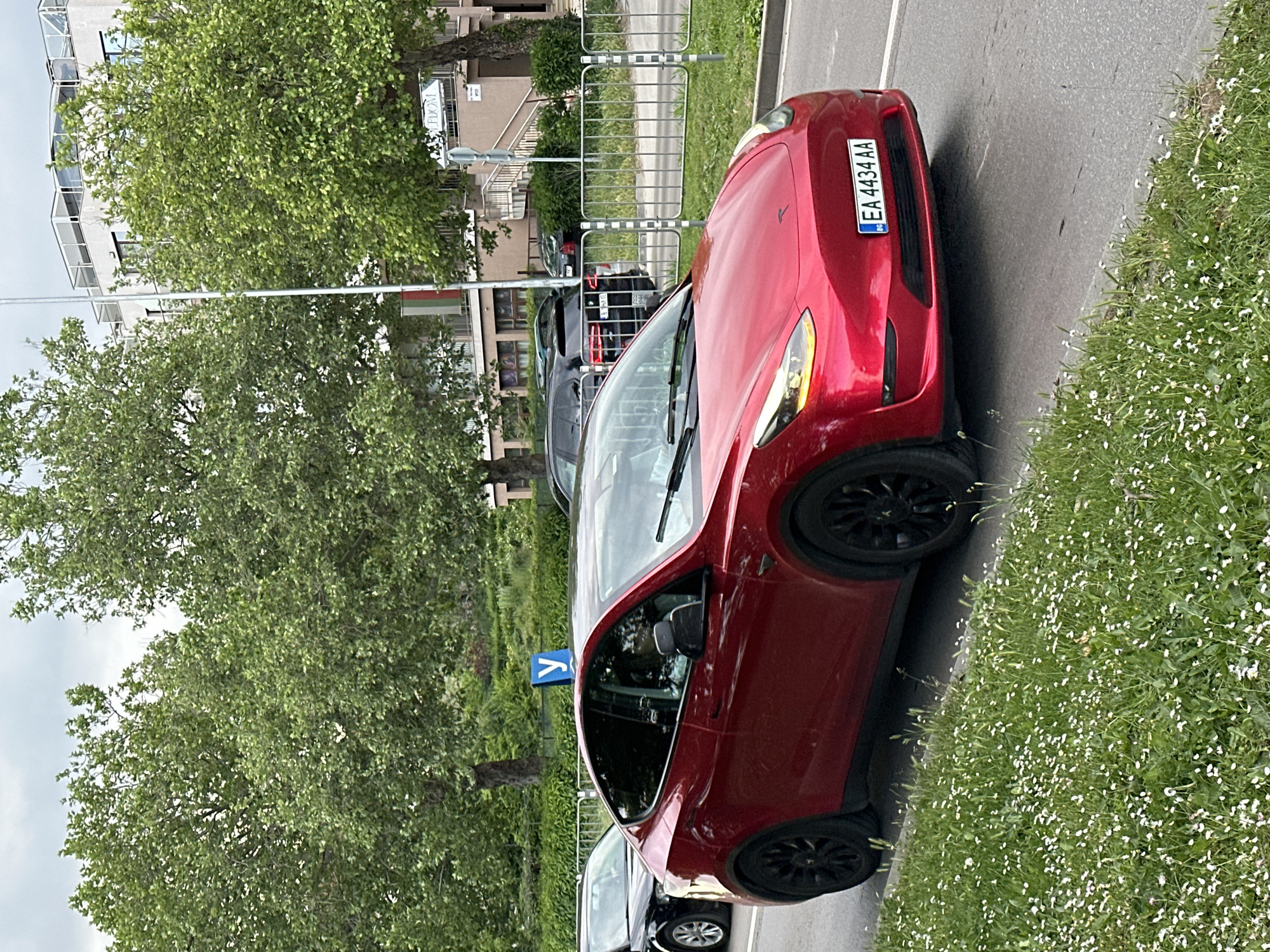 The image shows a red Tesla Model 3 parked on a street in Varna, Bulgaria. The license plate is "EA 4434 AA". There is a building and a large tree in the background. There is grass with small white flowers on the right. Other cars are visible parked further down the street. There is a parking sign with a "Y" on it. A fence is present near the vehicle.