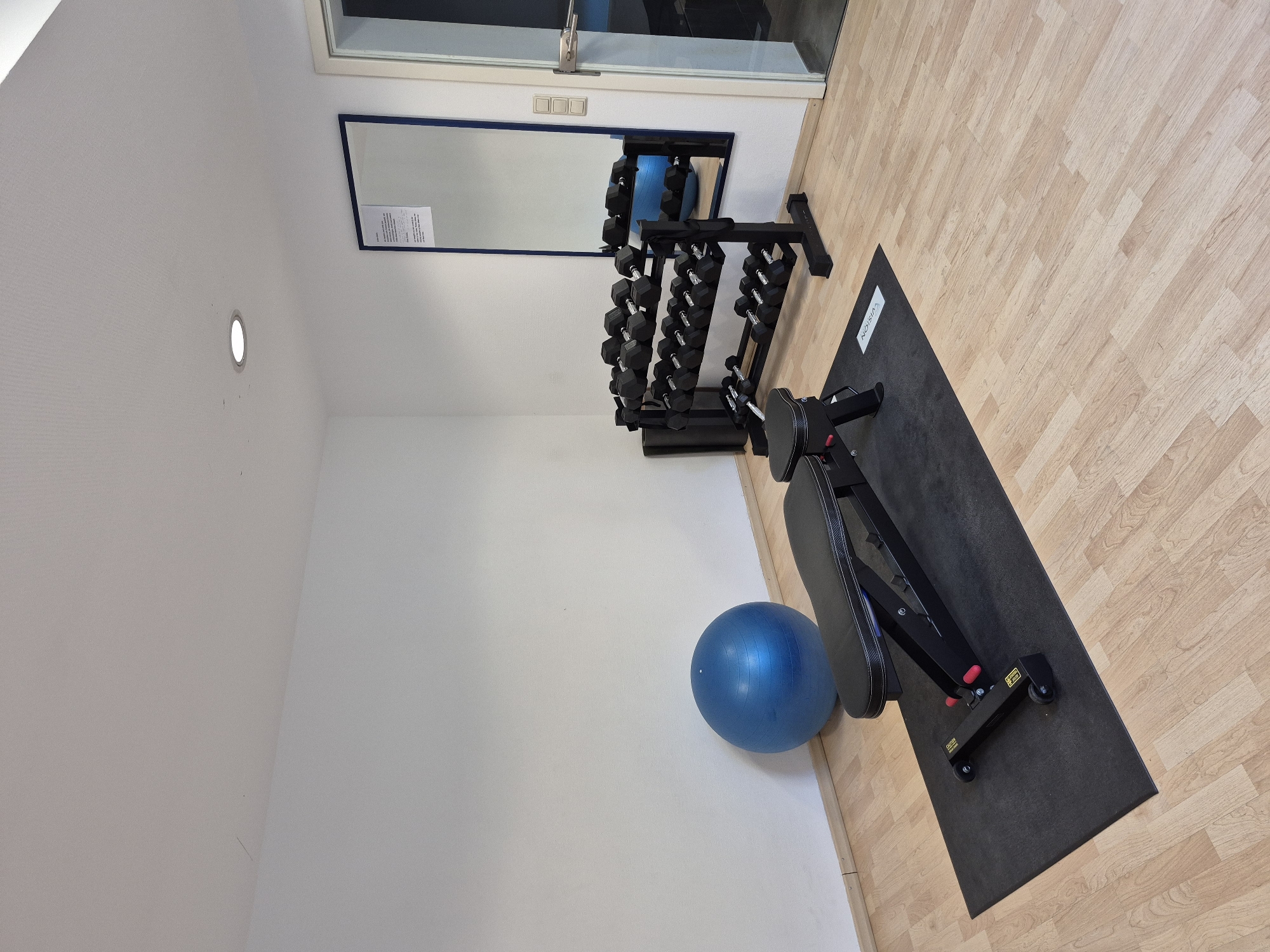 This image shows an indoor gym room with various exercise equipment. In the foreground, a black weight bench with red and silver accents is placed on a black exercise mat. The bench has wheels at one end. To the left of the bench, a large, bright blue exercise ball is positioned against a white wall. Behind the bench, a black dumbbell rack holds multiple pairs of black dumbbells of varying weights. The rack has three shelves. To the right of the dumbbell rack, a large rectangular mirror with a dark blue frame is mounted on the wall. A white piece of paper with text is attached to the mirror. A doorway with a silver handle and a light-colored frame is visible on the far right of the image. The floor is made of light-colored wooden planks. The room appears to be in a residential building or a small private gym. The image does not contain any people or visible actions. The overall impression is of a clean and organized workout space.