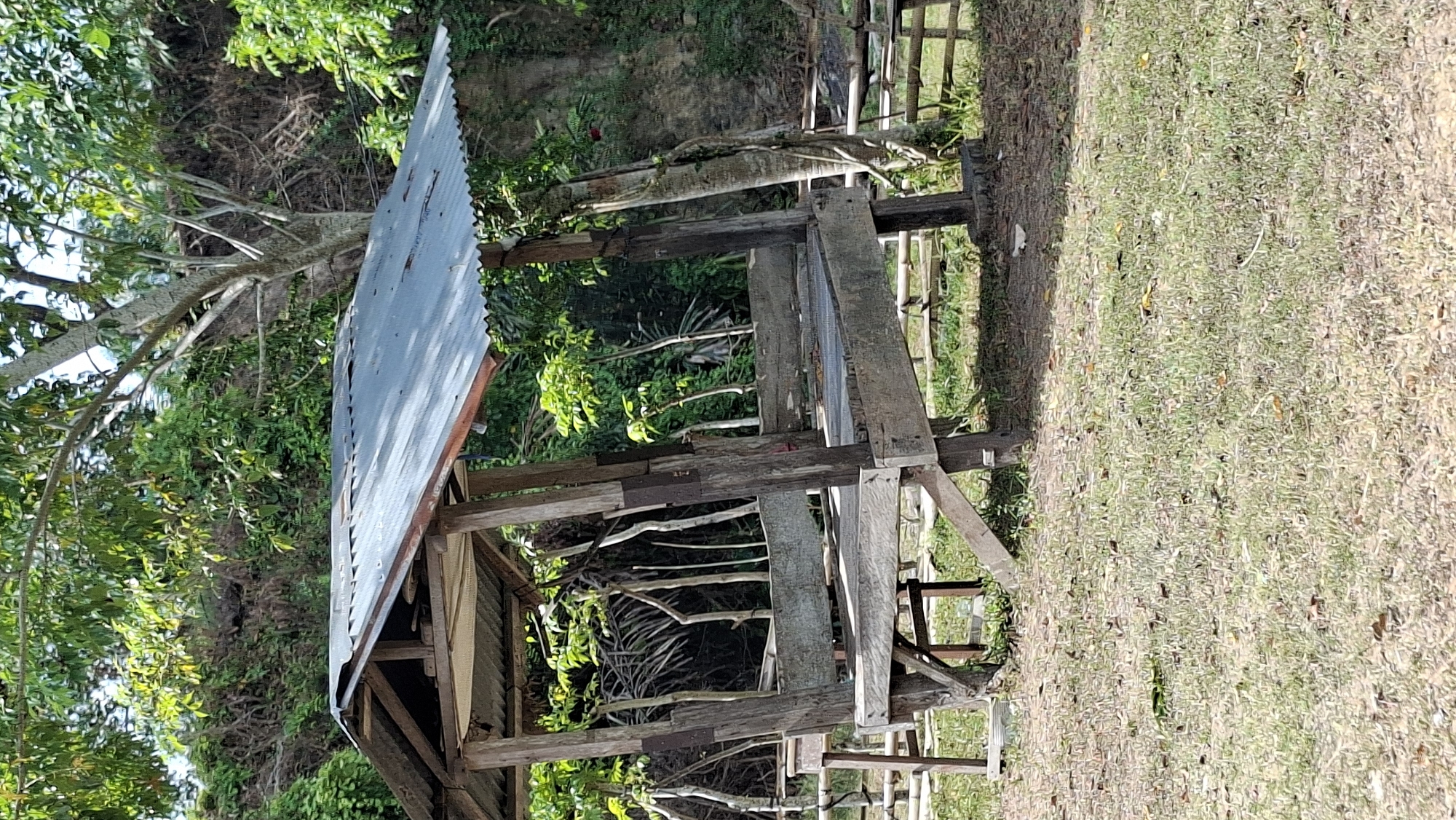 The image depicts a simple wooden shelter with a corrugated metal roof, situated outdoors in a grassy area. The shelter is elevated and appears to have benches or a seating area within. It is surrounded by lush green vegetation, including trees and bushes, with a hillside visible in the background. The ground is covered with dry grass and fallen leaves. No people are visible in the image. The scene suggests a rural or semi-rural setting, possibly a rest stop or a simple structure for shade in an open area. The location is identified as Lhokseumawe, Indonesia, implying it is within a natural or park-like environment of the city.