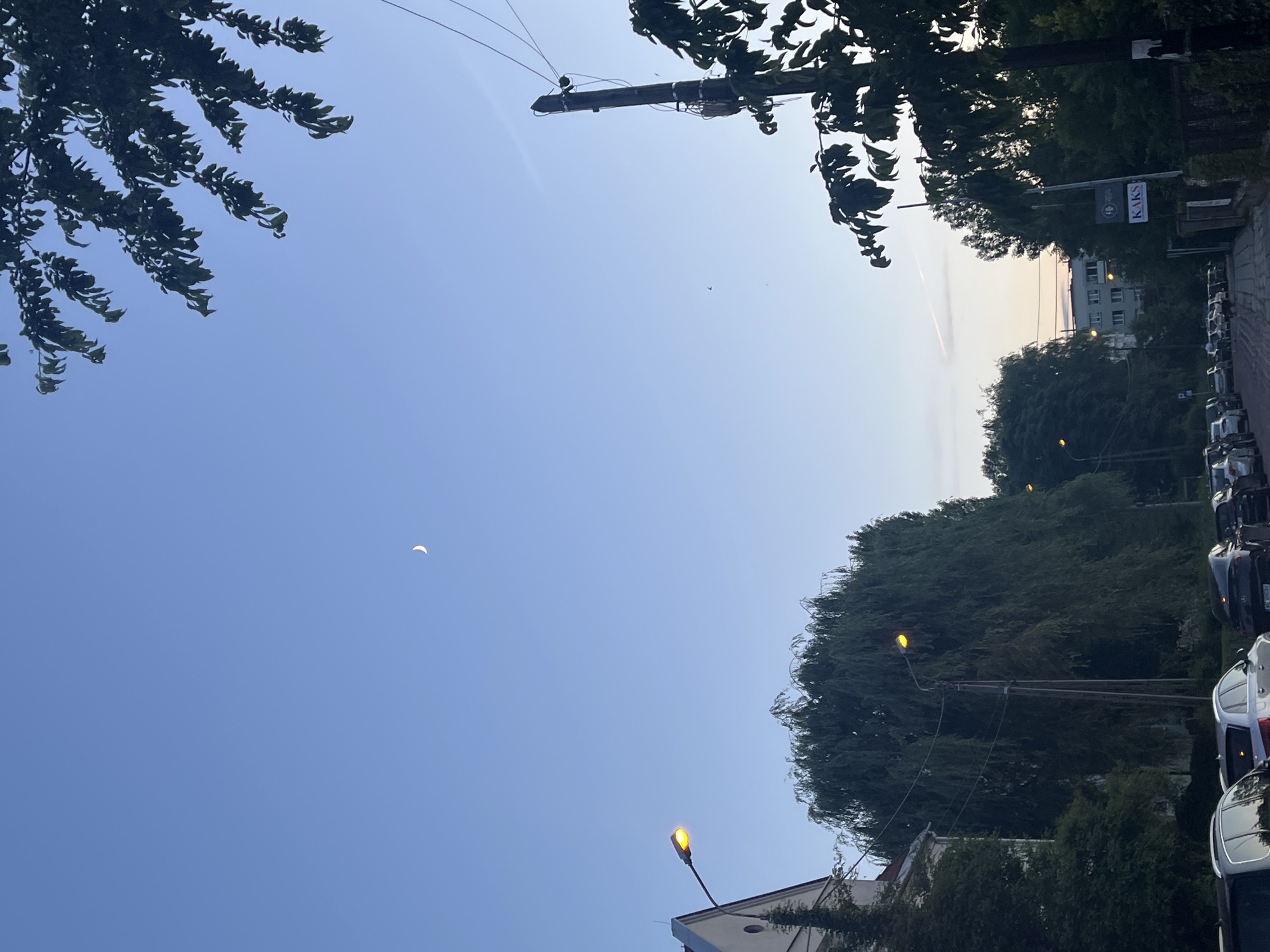 This is a wide, slightly tilted, eye-level shot of a street scene in Unknown, Unknown, taken during dusk. The sky is a clear, pale blue with a crescent moon visible high up. In the foreground, a row of parked cars lines a cobblestone street. To the left, the roofline of a white building with a peaked roof and a round window is visible, partially obscured by a tall, dark green, weeping willow-like tree. A street lamp with a bright orange glow is mounted on a pole in front of the tree. Further down the street, more trees and buildings are visible, interspersed with street lamps. On the right side of the image, a utility pole with wires and electrical equipment stands next to a cluster of dark green trees and a black fence. A sign with the word "KAks" is attached to the utility pole. The overall impression is of a quiet urban street as evening begins to set in.
