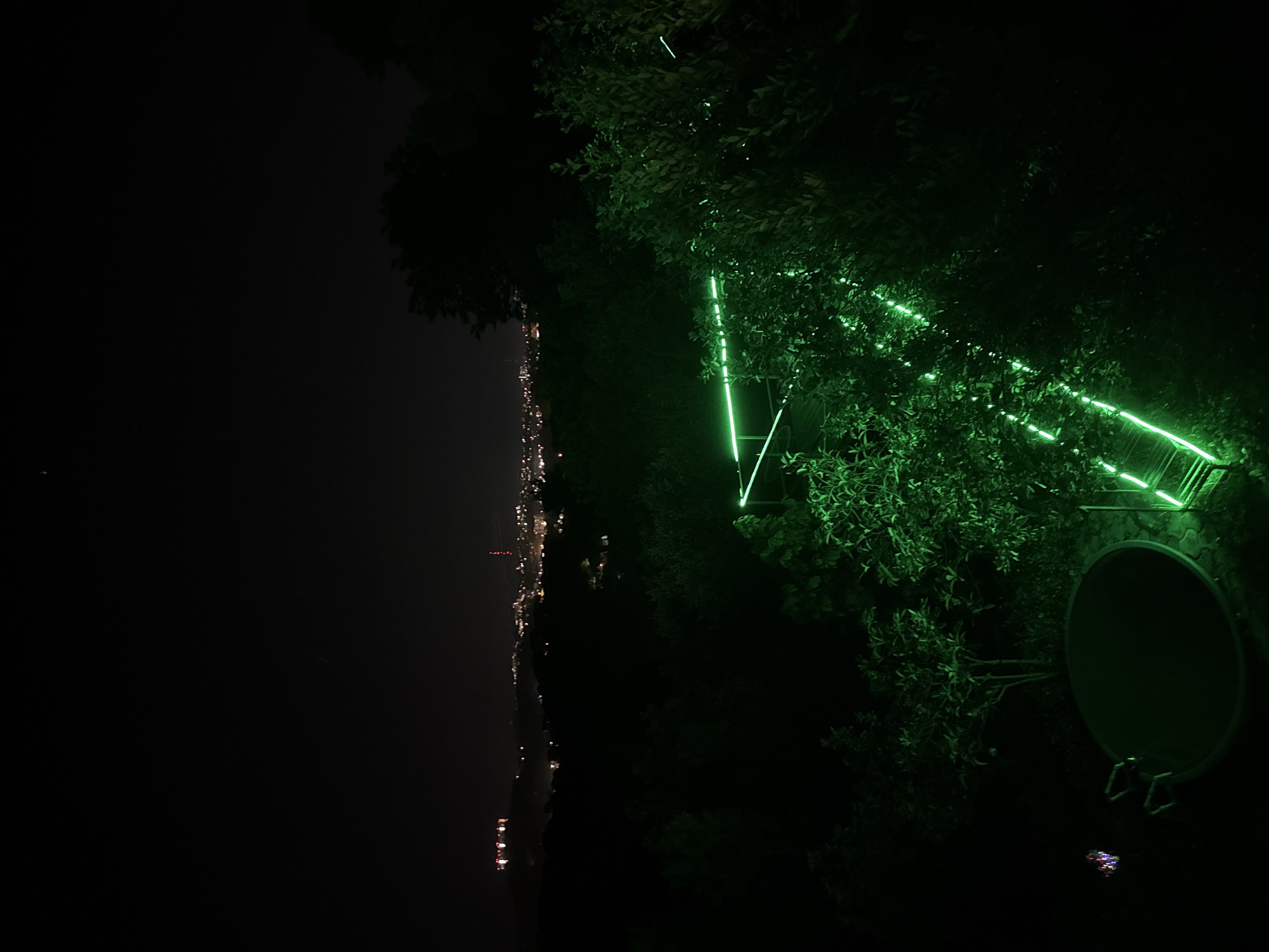 An outdoor nighttime scene depicts a landscape with a distant cityscape illuminated by lights. In the foreground, lush green foliage is sparsely interspersed with bright green LED lights that form a triangular pattern or structure, appearing to be a decorative lighting installation. To the left, a dark, circular object, possibly a basin or hot tub, is visible. The sky is dark, with a faint hint of stars or distant lights in the upper right corner. The overall atmosphere is one of nighttime illumination against a natural, dark environment.