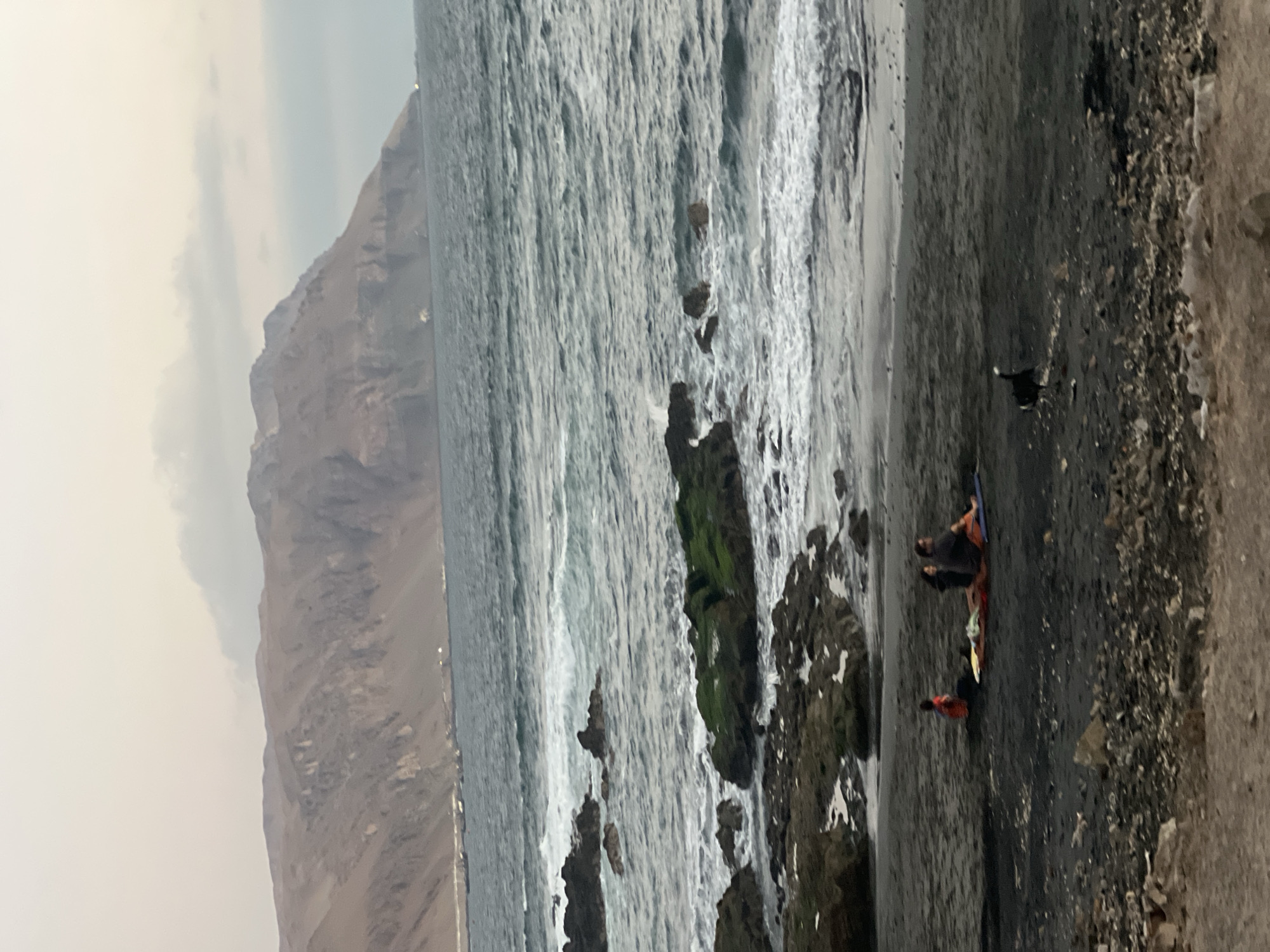 The image shows a beach scene in Arica, Chile. In the background, a large mountain rises along the coast. The ocean waves crash against dark rocks covered in green algae. On the dark sandy beach, there are several people and a dog. The people are grouped together near the water's edge, and some have bodyboards. The overall atmosphere is somewhat hazy or overcast.
