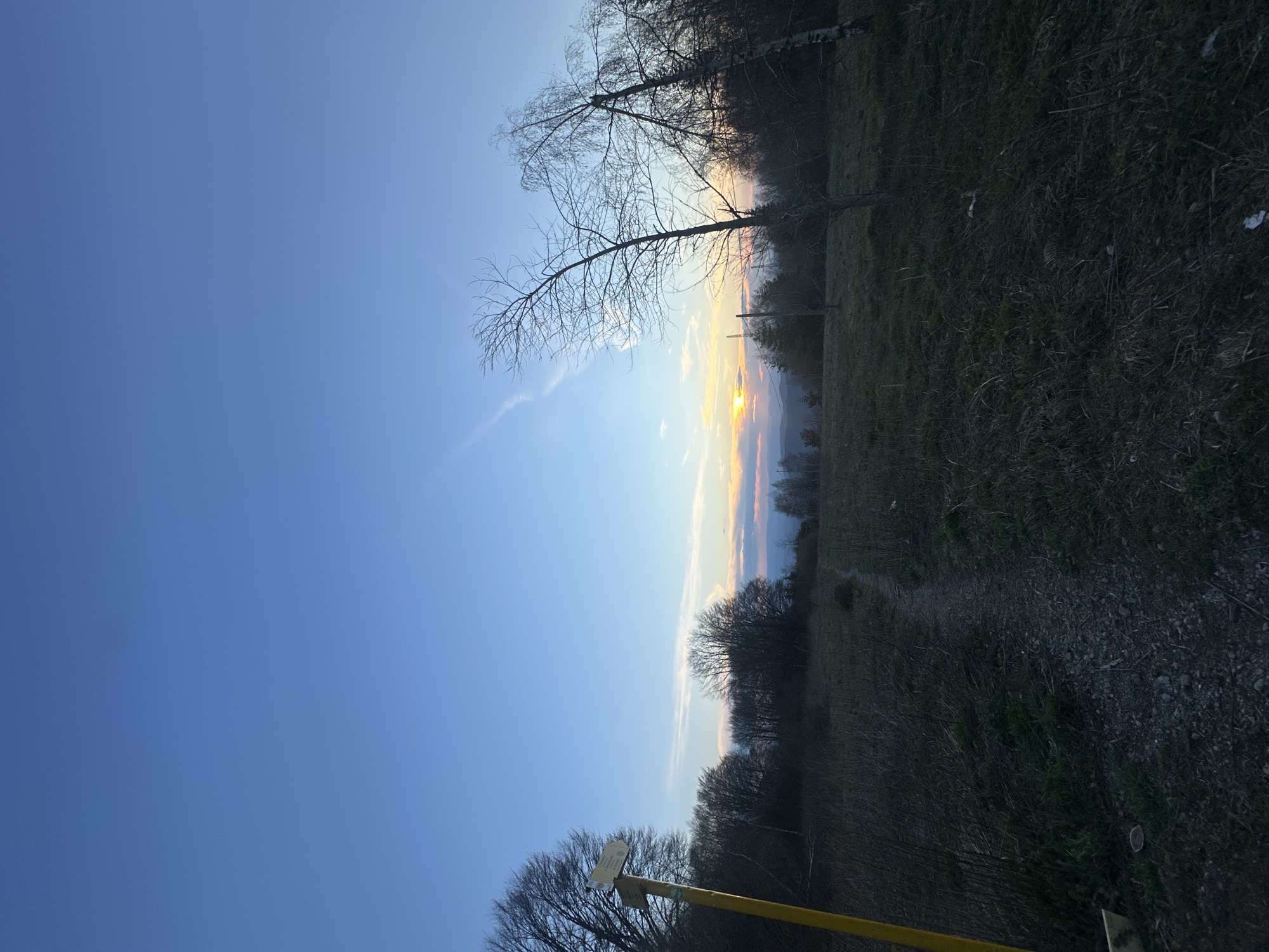 A landscape photograph taken outdoors, likely in a rural or semi-rural area, possibly in the outskirts of Sofia, Bulgaria, based on the type of terrain and vegetation. The image captures a view towards the horizon at what appears to be sunset or sunrise. The sky transitions from a deep blue to lighter shades with orange and yellow hues near the horizon, suggesting the presence of the sun. The landscape consists of a grassy field, trees with bare branches, and a visible path or trail leading towards the horizon. A yellow pole with signage is visible in the lower foreground, hinting at a possible hiking trail or marked route. The scene is still with no visible people or movement, focusing on the natural environment at dusk or dawn.