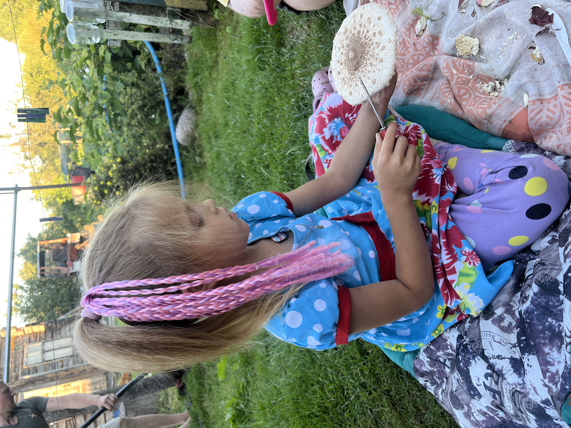 A young blonde girl with pink braids is sitting on a patterned blanket in a grassy outdoor area, holding a large mushroom with a knife. She is wearing a blue polka dot dress with red trim and purple pants with yellow and black polka dots. The background shows a wooden structure, greenery, and a blue hose. The scene appears to be in the countryside, possibly in the village of Dunilavichy, Dunilavichy rural council, Belarus.