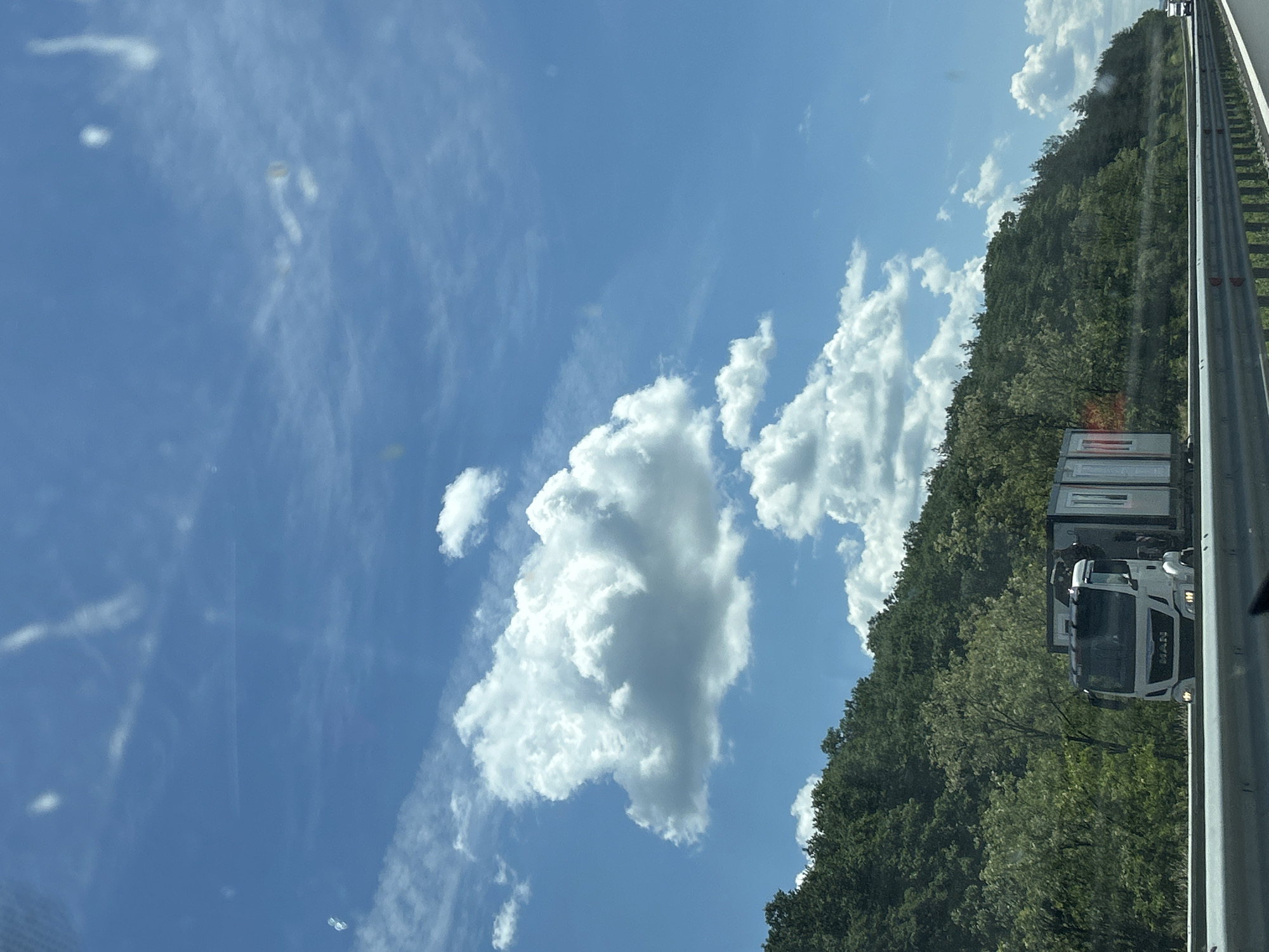 The image depicts a white MAN truck carrying modular units on a highway. The truck is positioned on the right side of the highway, with a densely wooded hillside occupying the background. The sky is blue with scattered white clouds. The highway is bordered by a metal guardrail. The scene appears to be a daytime shot taken from another vehicle moving on the highway. There are no people visible in the image. The location is identified as being in the city of Rajana, Bulgaria.