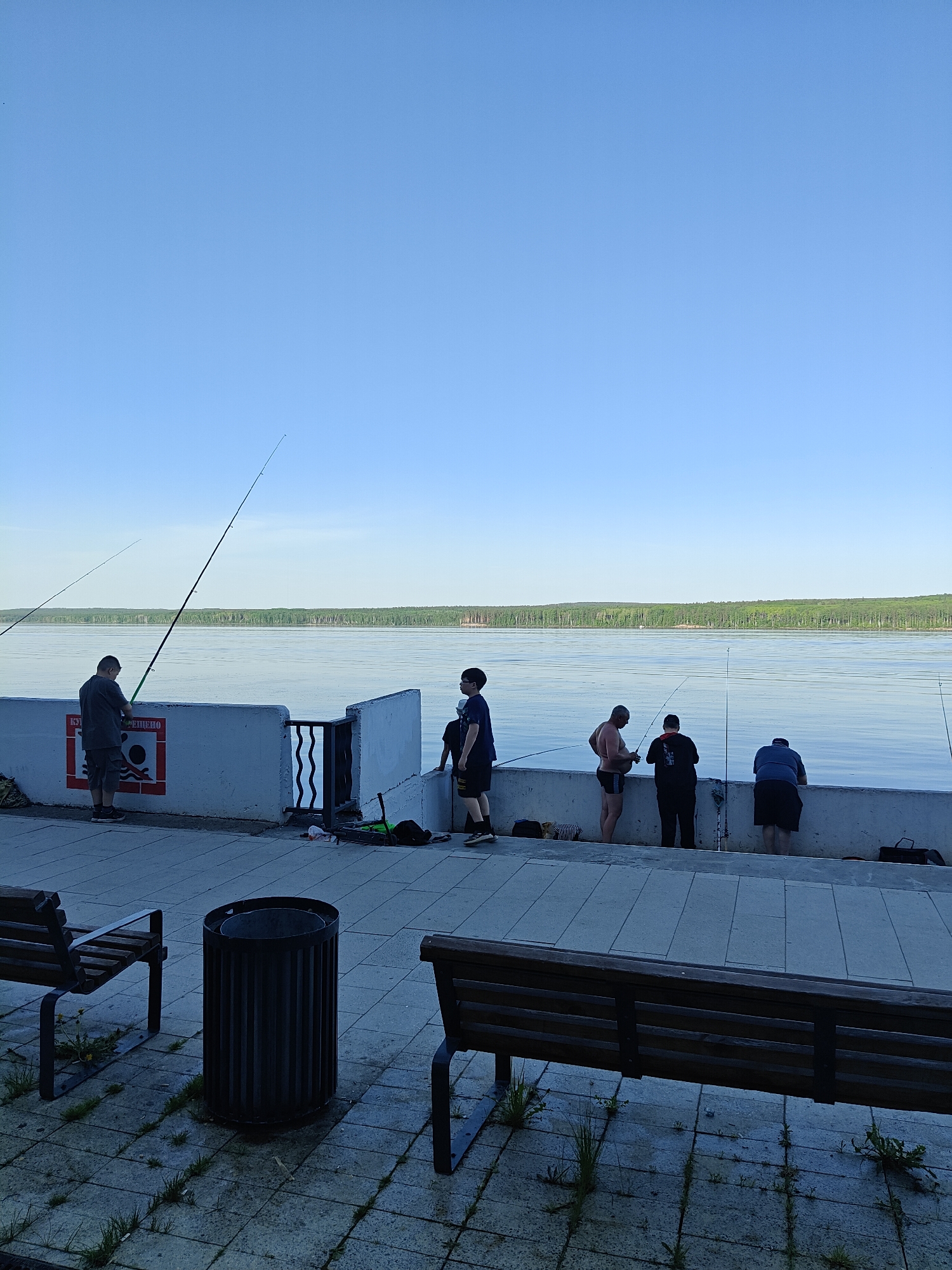 The image depicts a group of people fishing along a concrete embankment in the city of Chaikovsky, Russia. The sky is clear and light blue, suggesting daylight. The river or reservoir is calm, with a tree line visible in the distance across the water.
Six figures are seen, all male. They are positioned along the embankment wall, with fishing rods extending towards the water. One is standing near a sign on the wall. One is shirtless. Another stands with his face facing away from the camera and is wearing a dark shirt and shorts. The last is wearing a blue shirt and shorts.
The foreground includes a trash can situated between two park benches. The pavement consists of square tiles with grass growing in the cracks. There are personal items such as bags scattered near the wall where the fishermen are standing.