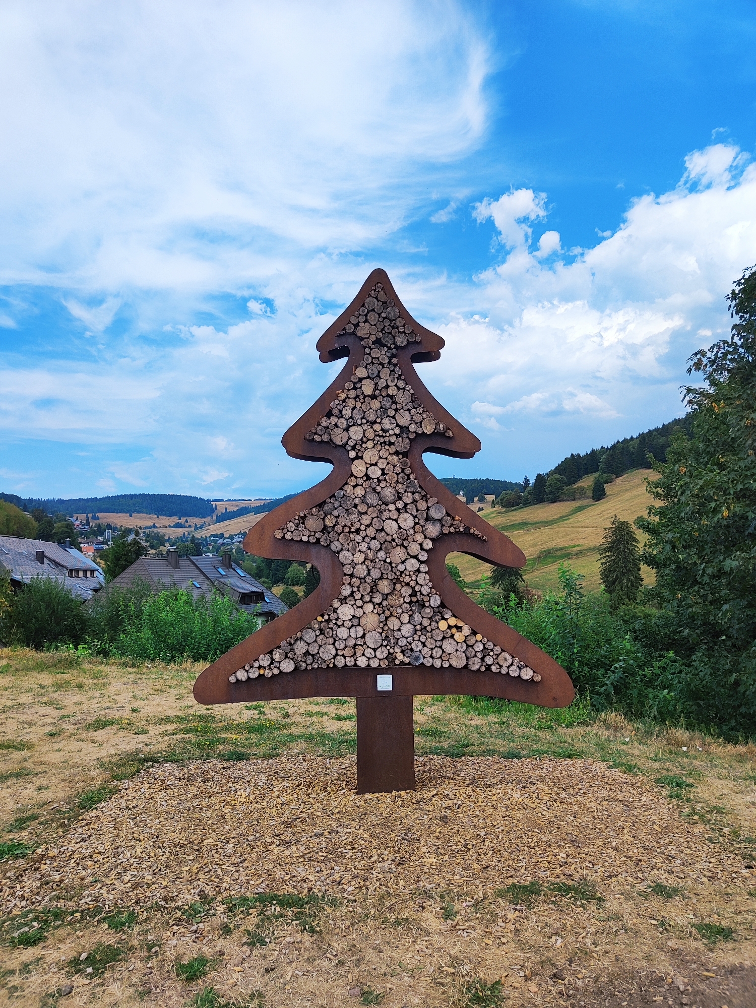 A metallic, stylized fir tree sculpture filled with cut logs stands on a bed of wood chips in a grassy, dry field. The sculpture is in the foreground, with a village nestled in a valley and rolling hills in the background under a partly cloudy blue sky. The village is located in Todtnau, Germany. The sculpture has a dark brown, weathered metal frame in the shape of a fir tree, with its branches and trunk filled with numerous circular cross-sections of wood. A thin, dark metal post supports the sculpture from underneath. The ground around the sculpture is covered with dry, yellowed grass and a dense layer of light brown wood chips. In the middle ground, a cluster of houses with dark roofs is visible, surrounded by greenery. Beyond the village, rolling hills stretch into the distance, covered with a mix of grassland and dark green forests. The sky is a vibrant blue with scattered white clouds, some wispy and others more fluffy. The overall scene is outdoors, in a rural or semi-rural setting.