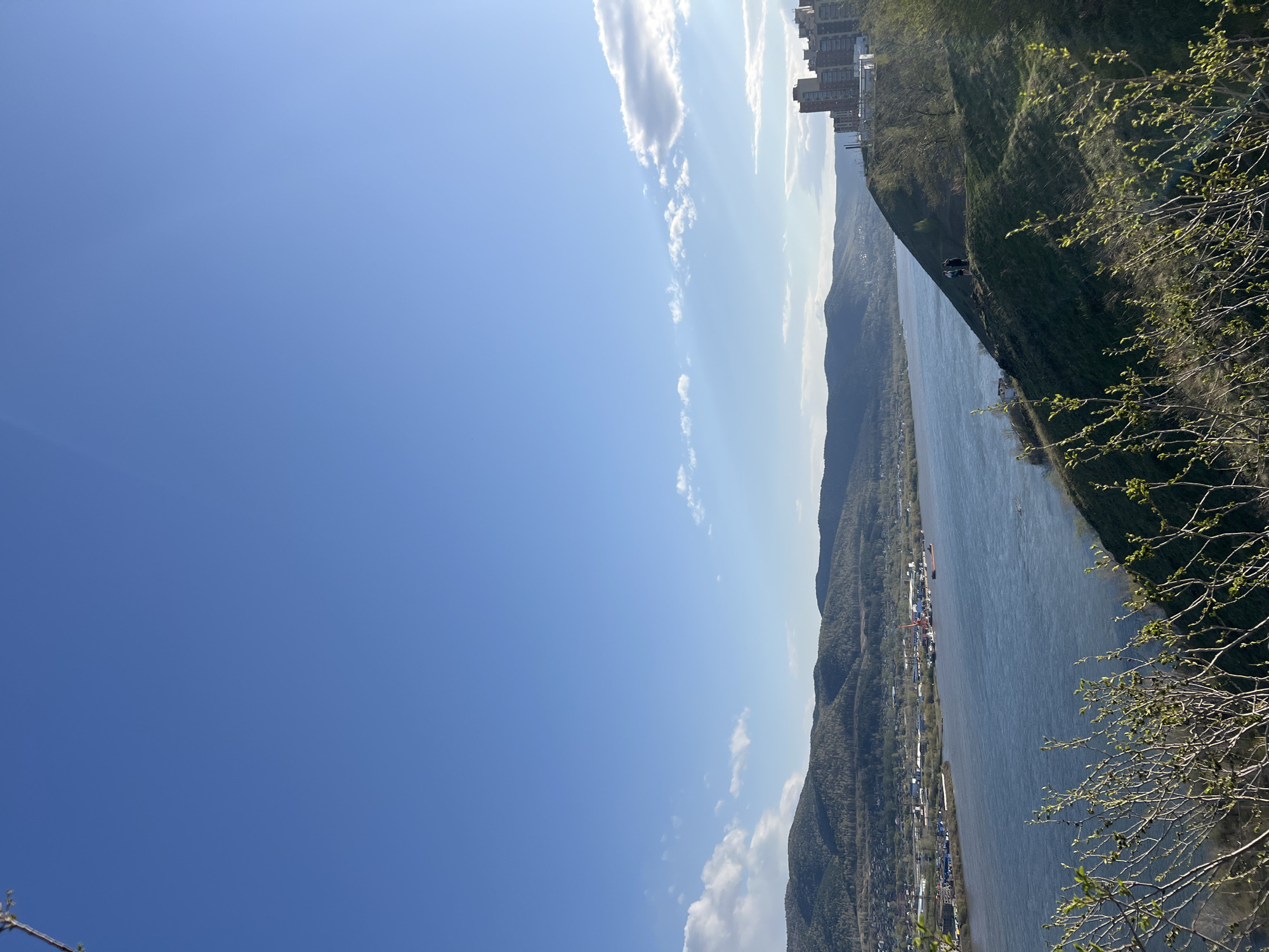 The image shows a landscape view from a high vantage point in Krasnoyarsk, Russia. The scene includes a wide river, likely the Yenisei, flowing between rolling hills and mountains. On the left bank of the river, a city is visible, with industrial structures and buildings. The sky is mostly clear blue with scattered white clouds. In the upper right corner of the image, high-rise buildings are observed along a ridge. Some branches of trees and foliage in the bottom right corner and left corners are closer to the viewer.