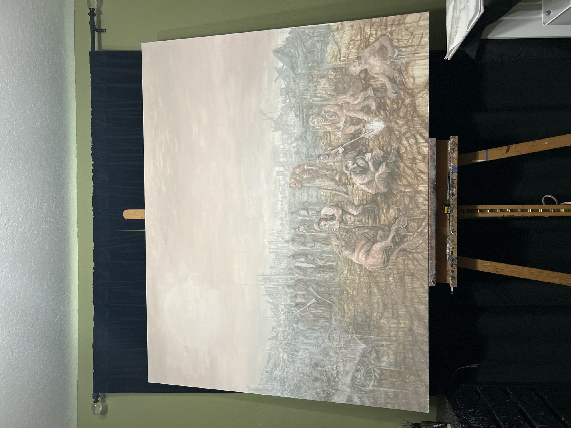 The image shows a large painting on an easel. The painting features figures rendered in muted earth tones on the right side of the canvas, with a cityscape in the background towards the left. The left side of the painting is a pale, cloudy tone. The easel is wooden and positioned in front of a dark velvet curtain or backdrop. The surrounding environment is a room with light green walls. The specific location within Cape Coral, United States is not discernible from the image.
