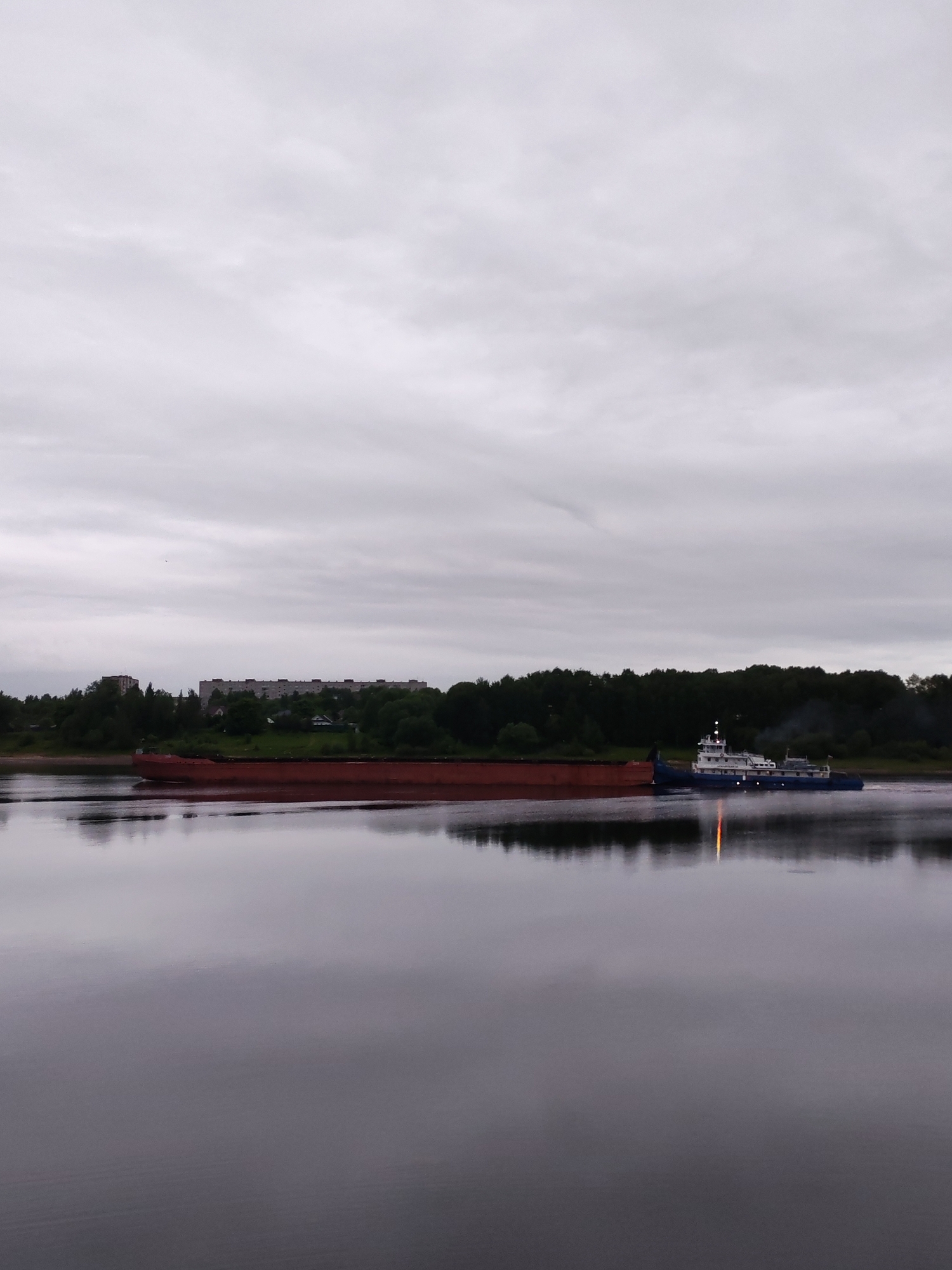 A wide-angle shot captures a calm, reflective body of water under an overcast sky. A barge is being pushed by a tugboat. On the distant shoreline, green trees and buildings are visible. This scene takes place in Bol'shie Mkhi, Russia.