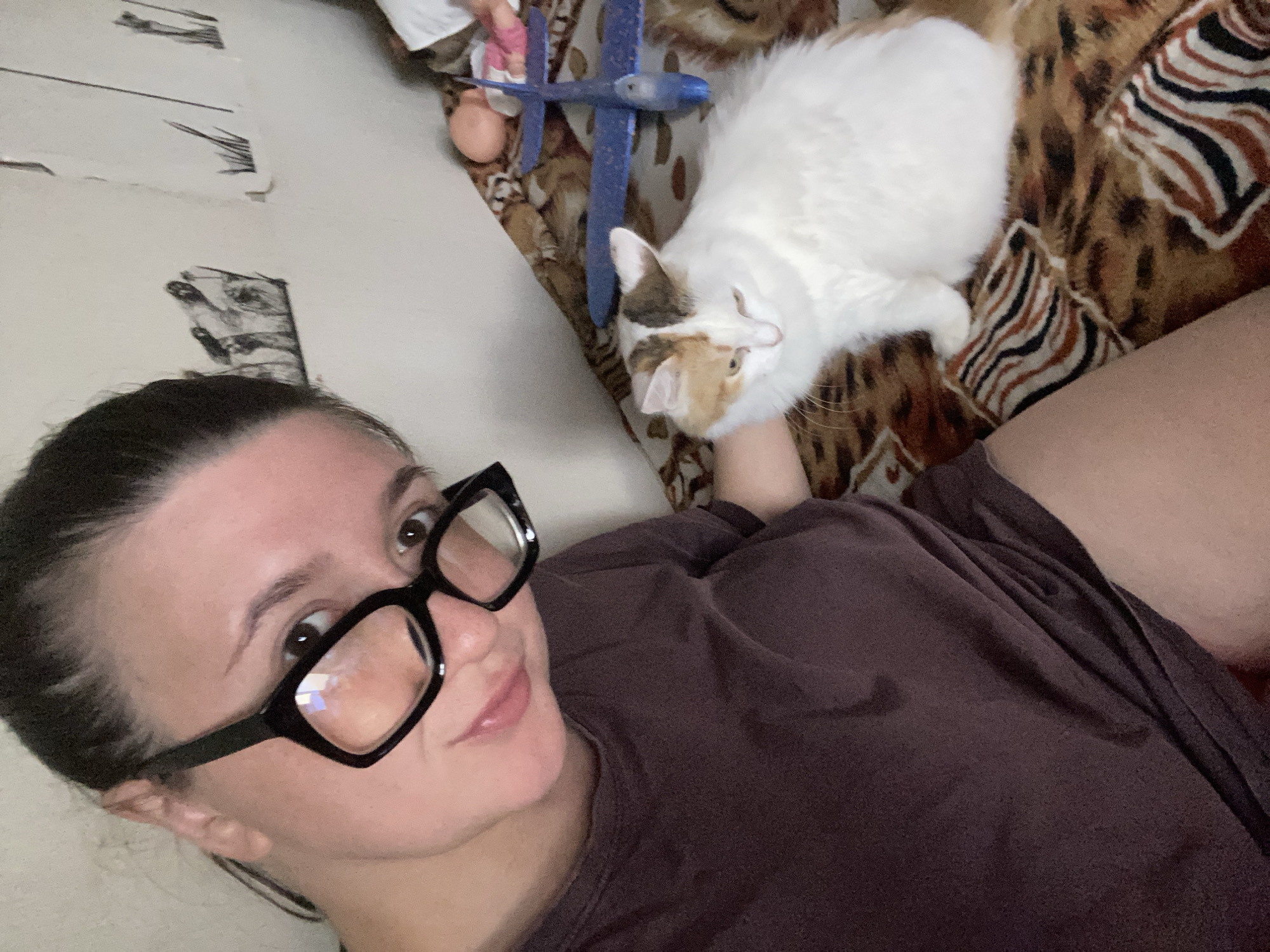 The image captures a close-up, waist-up selfie of a young woman with dark hair pulled back, wearing black-rimmed glasses. She is looking towards the camera with a slight smile. She is wearing a dark purple t-shirt. To her right, a calico cat with white, orange, and brown patches is sitting on a patterned blanket. The cat is looking down and to its left. A blue toy airplane is visible behind the cat. The background consists of a plain wall with some abstract drawings or images. The scene appears to be indoors, likely in a residential setting. The location is specified as Chaikovsky, Russia.