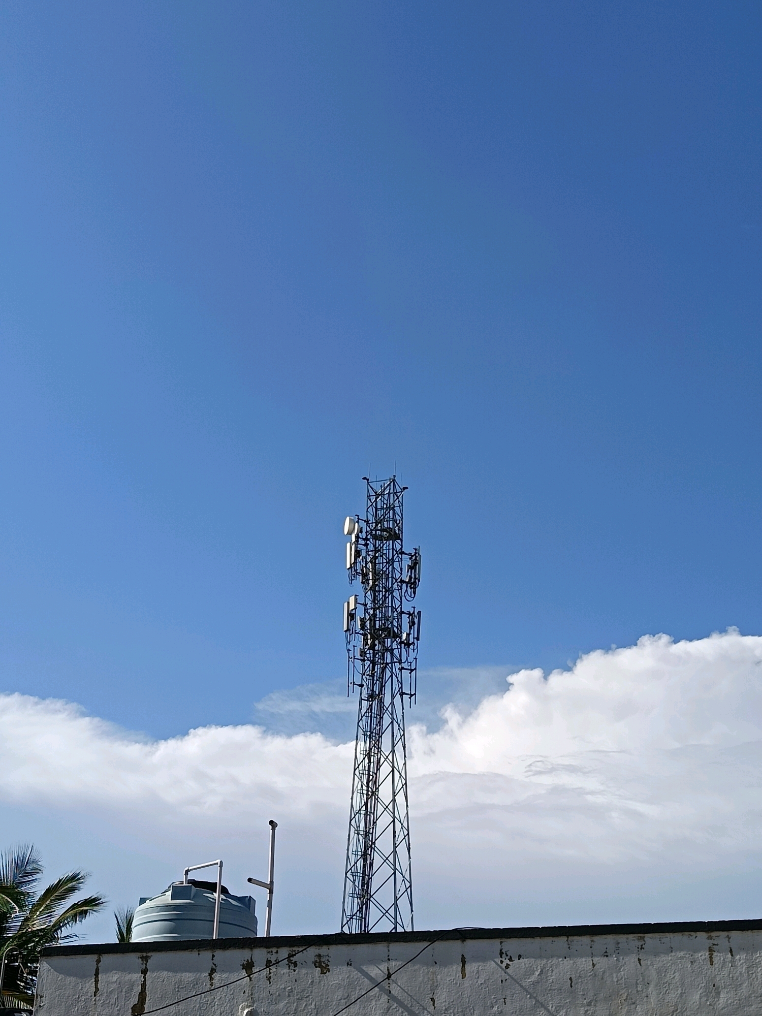 A cellular tower stands tall against a clear blue sky with scattered white clouds. The tower is constructed of metal lattice and supports several communication antennas. In the foreground, a white concrete wall runs horizontally across the bottom of the image, with a light blue water tank positioned on top of it. To the left of the water tank, a palm tree's fronds are visible. The scene appears to be an outdoor setting in the city of Tirunelveli, India, with the structures suggesting an urban or semi-urban environment. There are no people visible in the image.