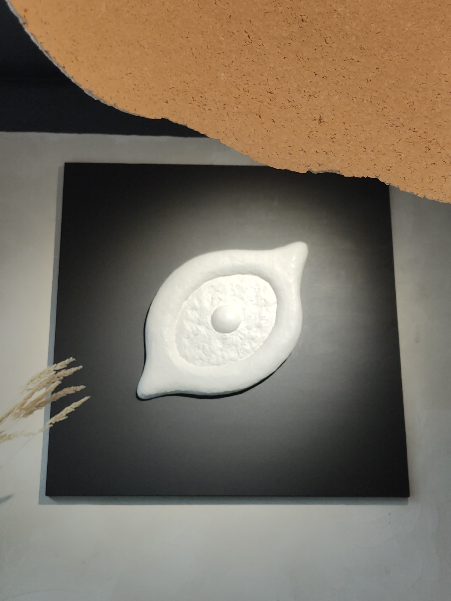 A black square wall art is mounted on a light gray wall. The artwork features a white, three-dimensional relief in the shape of an eye, with concentric textured circles and a central raised sphere. The eye motif is centrally placed on the black square and is illuminated, casting a subtle glow. In the lower left corner of the image, a dried plant stalk with feathery plumes leans against the wall. Above the artwork, a curved piece of textured, tan-colored material, possibly cork, is visible, creating an abstract element in the composition. The overall setting appears to be an interior space, though no specific details about its location in Кварса, Russia, are provided by the visual elements.