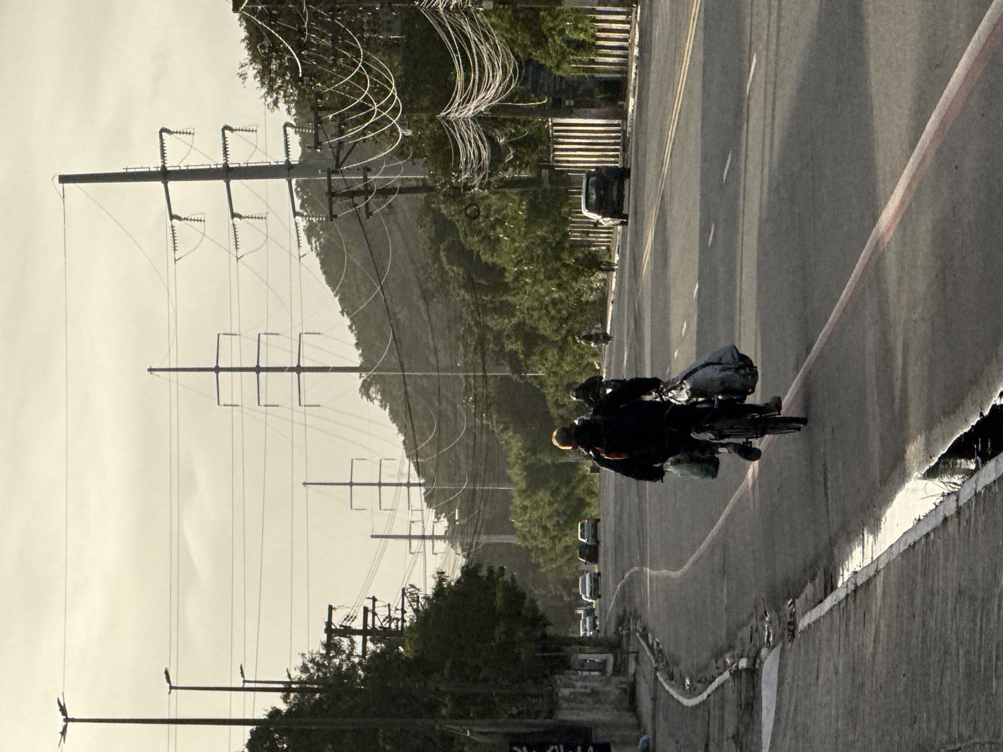 In Cabo Frio, Brazil, a man rides a bicycle down a paved road, carrying several large bags of belongings attached to the rear of his bike. He is wearing dark clothing and a backpack. The road has a red lane marking for cyclists. To the left of the road is a sidewalk and some trees. In the background, there are more trees, a hillside, and numerous power lines supported by tall poles. Several cars are visible on the road ahead of the cyclist, and a motorcycle is seen in the distance to the right. The sky is overcast, casting a soft light over the scene. The overall impression is of a utilitarian urban landscape with elements of natural scenery.
