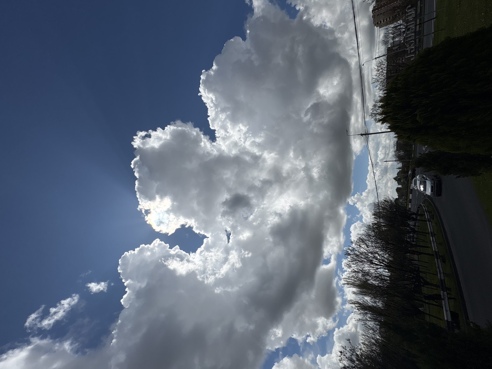 This image, when correctly oriented, captures a vibrant daytime scene in Yerevan, Armenia, dominated by a dynamic sky and an urban streetscape. The upper part of the frame features a deep blue sky adorned with large, bright cumulus clouds. The sun, partially hidden behind a prominent cloud on the left, emits visible crepuscular rays.
The lower half of the image presents a road or street curving through the landscape. A white car, possibly a sedan, is visible traveling along this road. The roadside is lined with a strip of green grass and a row of bare trees, their intricate branches silhouetted against the background. Dark green bushes or hedges occupy the immediate foreground on the right, partially framing the scene.
In the background, several buildings are visible, and a large sign prominently displays the Armenian text "ԵՐԵՎԱՆ" (Yerevan), explicitly confirming the location. Overhead power lines and streetlights run alongside the road. The weather appears bright and sunny with significant cloud cover, indicative of a pleasant day. The only discernible activity is the moving car; no people are visible.