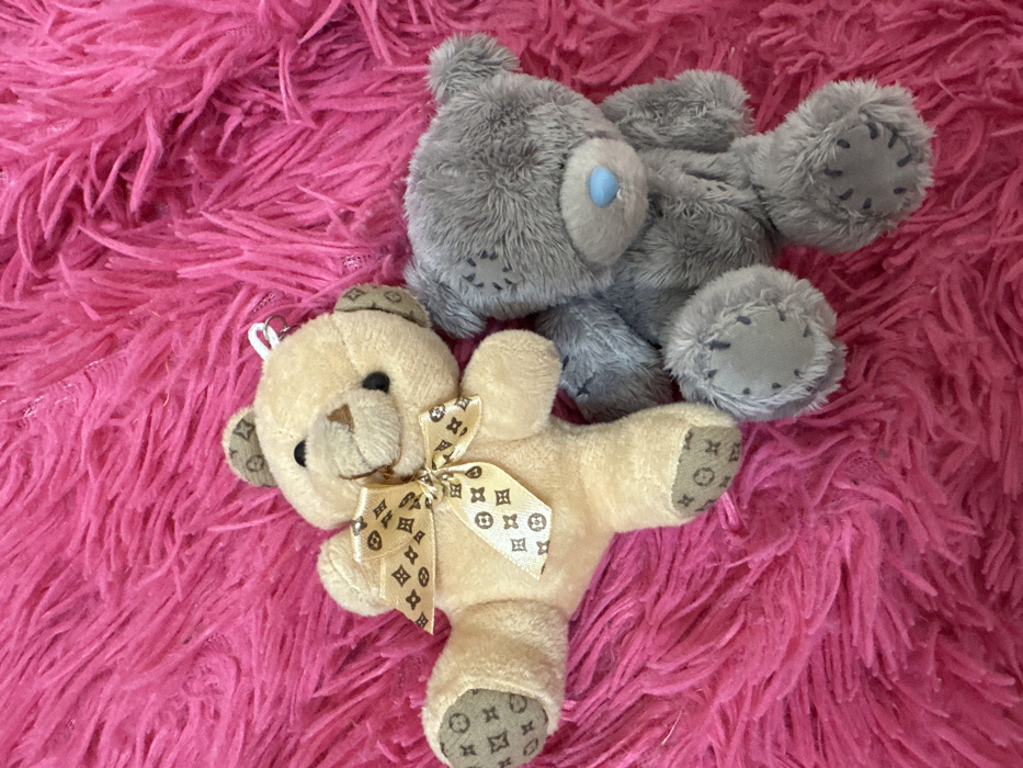 The image displays two stuffed teddy bears resting on a vibrant, deep pink, long-pile fluffy textile surface. The specific location in Yerevan, Armenia, cannot be determined from the visual information provided within the image.
The first bear, positioned on the left, is beige or light brown and made of short-pile plush material. It features a gold-colored ribbon tied in a bow around its neck, adorned with a repeating pattern of the "LV" logo and quatrefoil shapes. Its ears, paws, and feet pads are also covered with fabric displaying this same pattern. The bear has black bead eyes and a stitched black nose. A silver-colored key ring is attached to its head.
The second bear, positioned on the right and slightly overlapping the first, is gray with a shaggy plush texture, characteristic of a "Me to You" or "Tatty Teddy" style. It has small black bead eyes and a light blue fabric nose. Distinctive stitched patches, mimicking repairs, are visible on its head, body, and feet.
Both bears are lying on their backs, side-by-side, with the beige bear oriented slightly to the upper left and the gray bear slightly to the lower right. The pink fluffy surface occupies the entire background, providing a soft and textured environment for the subjects.