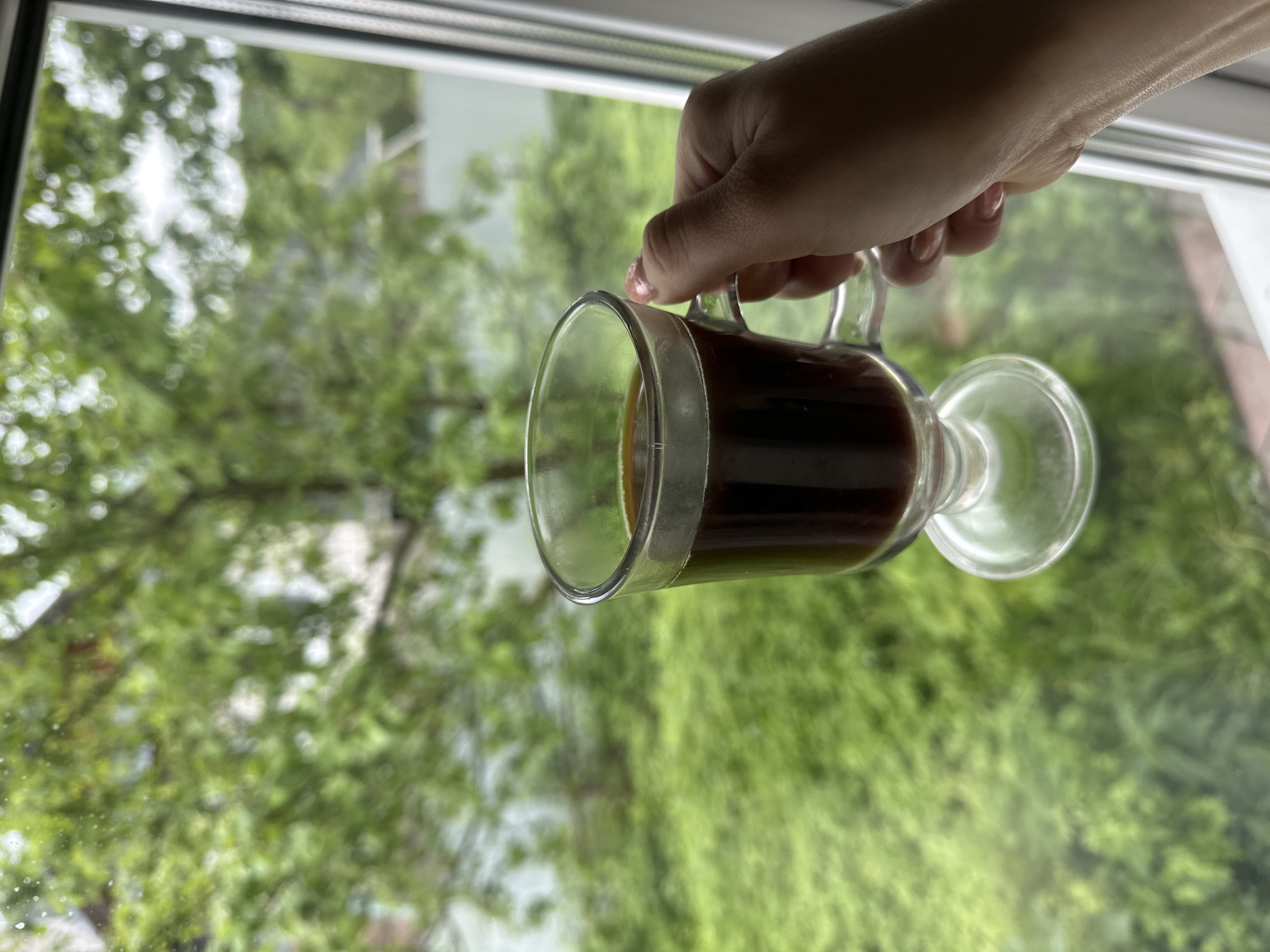 A clear glass mug filled with a dark liquid is held by a fair-skinned hand with manicured nails. The mug is positioned against a blurry background of green foliage seen through a window. The location is potentially Nizhny Novgorod, Russia. The subject of focus is the hand holding the mug and the beverage within. The environment suggests an indoor setting with a view of trees or greenery outside. The overall impression is of a casual, still life image.