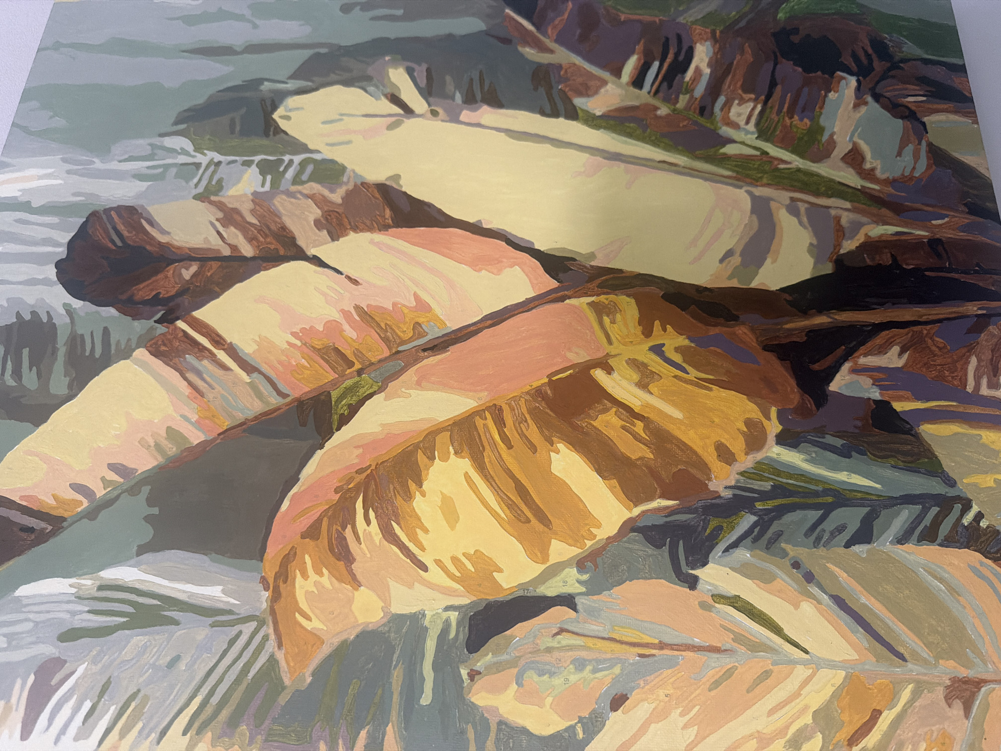 The image is a close-up, eye-level, horizontal shot of a painting of large, colorful leaves, likely from a tropical plant like a banana tree. The leaves are rendered in a stylized, somewhat abstract manner, with broad brushstrokes and a palette of warm oranges, yellows, browns, and muted greens and grays. Some of the leaves show hints of pink and purple. The painting appears to be a "paint-by-numbers" artwork, as evidenced by faint numbers visible on some of the leaf sections. The lighting suggests it is illuminated by ambient indoor light, casting a slight shadow on the right side of the painting. There is no indication of location in Novorossiysk, Russia.