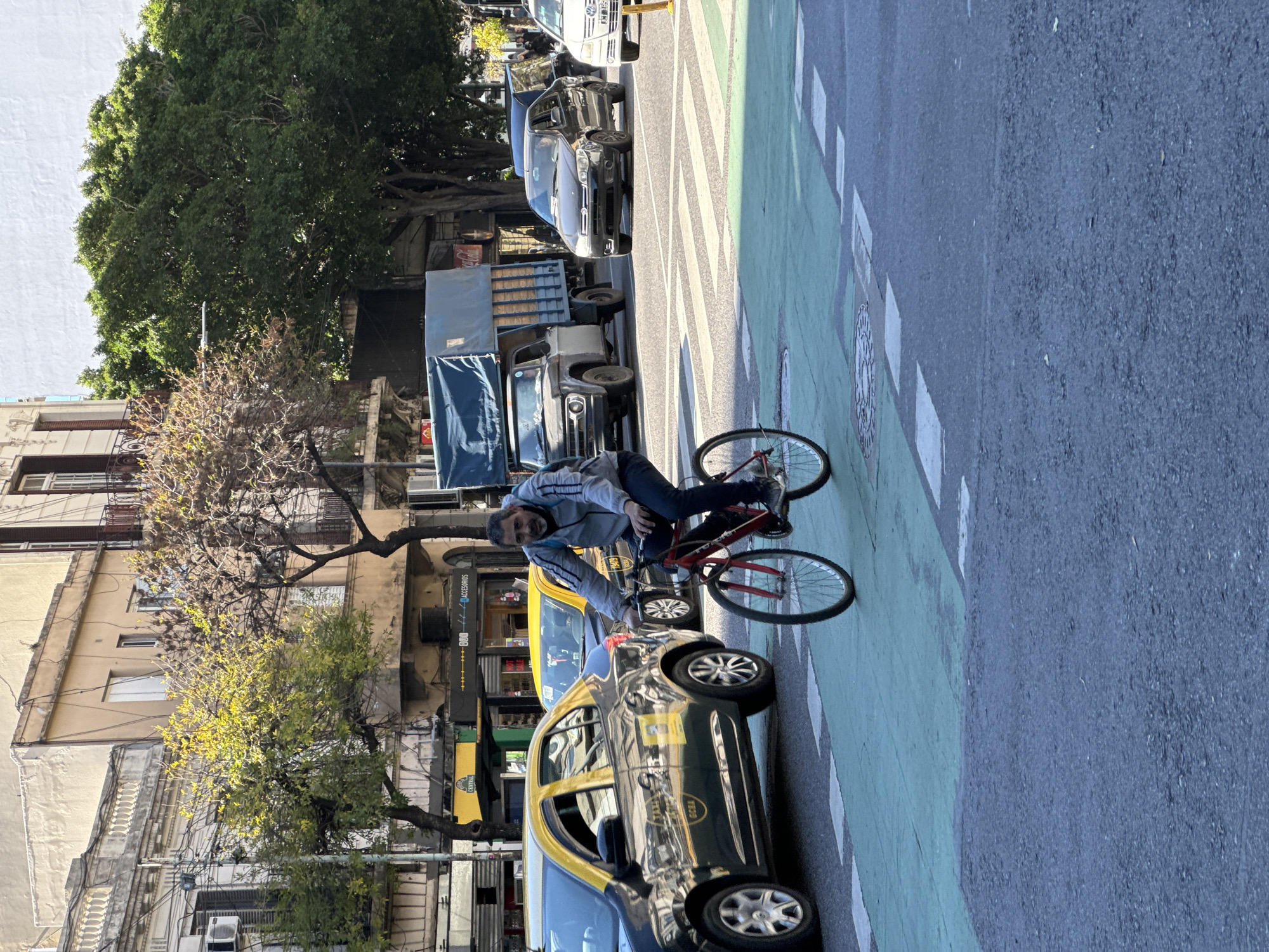 The image captures a street scene in Buenos Aires, Argentina. A man is riding a red bicycle in a designated bike lane. A yellow and black taxi cab is stopped near the bike lane, and several other cars and a truck are visible in the background. Buildings line the street, and trees are interspersed along the sidewalk.