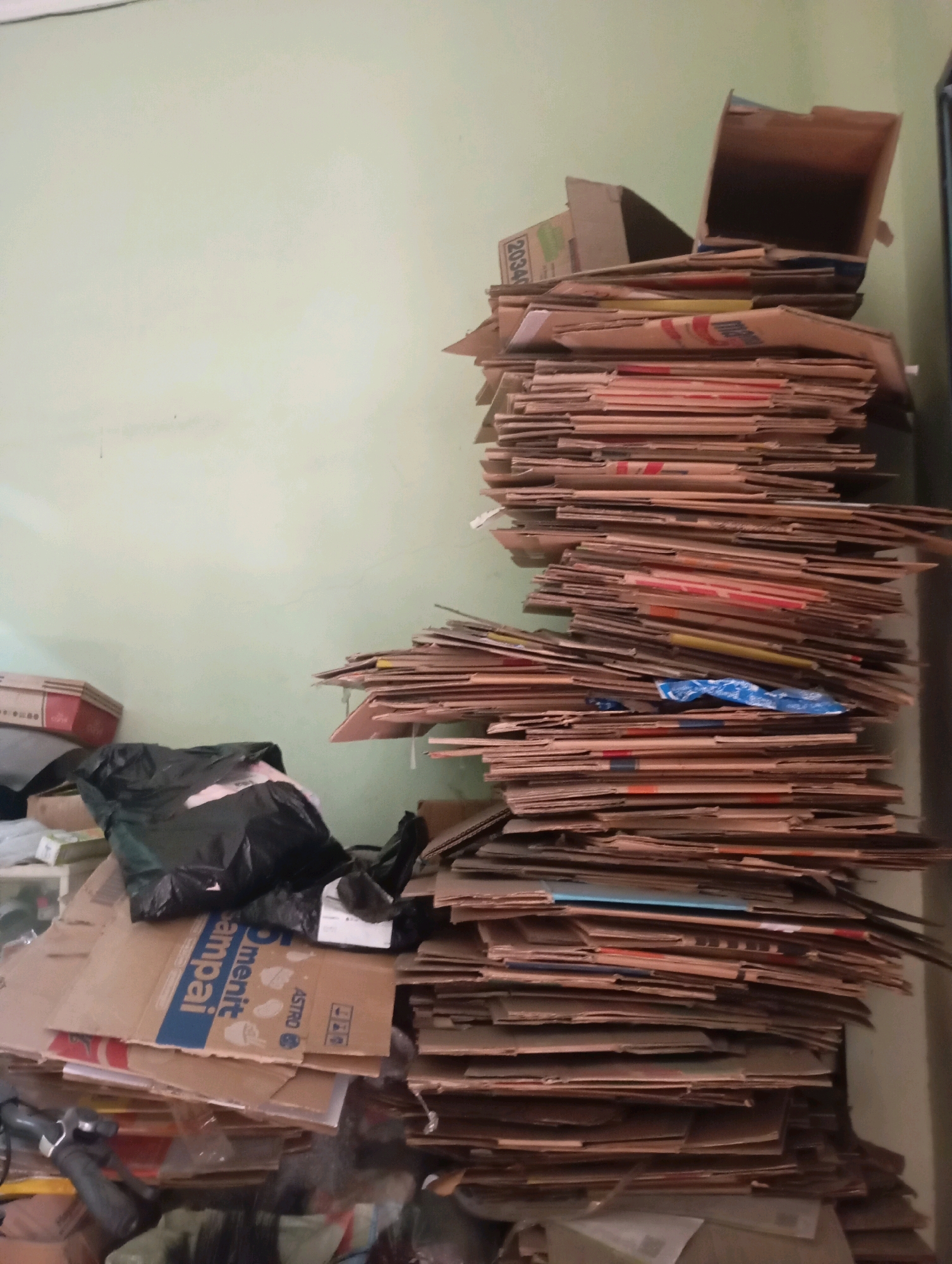 The image depicts a cluttered storage area, likely a room or a section of a building, with a pale green wall serving as the backdrop. The primary focus is on a large, tall stack of flattened cardboard boxes, predominantly brown, piled precariously against the wall. The boxes are of various sizes and show signs of wear and tear, with some exhibiting printed labels and colored accents, such as red, yellow, and blue. Interspersed within the cardboard stack are some other objects, including a crumpled blue plastic item and what appears to be a black trash bag or plastic sheeting.
To the left of the main stack, there are more boxes and miscellaneous items. A red and white box is visible, along with a large black trash bag. Below this, more cardboard and other debris are piled up. In the lower left corner, parts of what seem to be electronic equipment or tools are visible, along with more discarded materials.
The scene suggests a place where materials are being stored or recycled, with an overall impression of disarray. The lighting appears to be artificial, casting soft shadows that contribute to the slightly dim ambiance. There are no people visible in the image, and no explicit indication of the specific location within Babelan, Indonesia, beyond the general appearance of an indoor storage space.