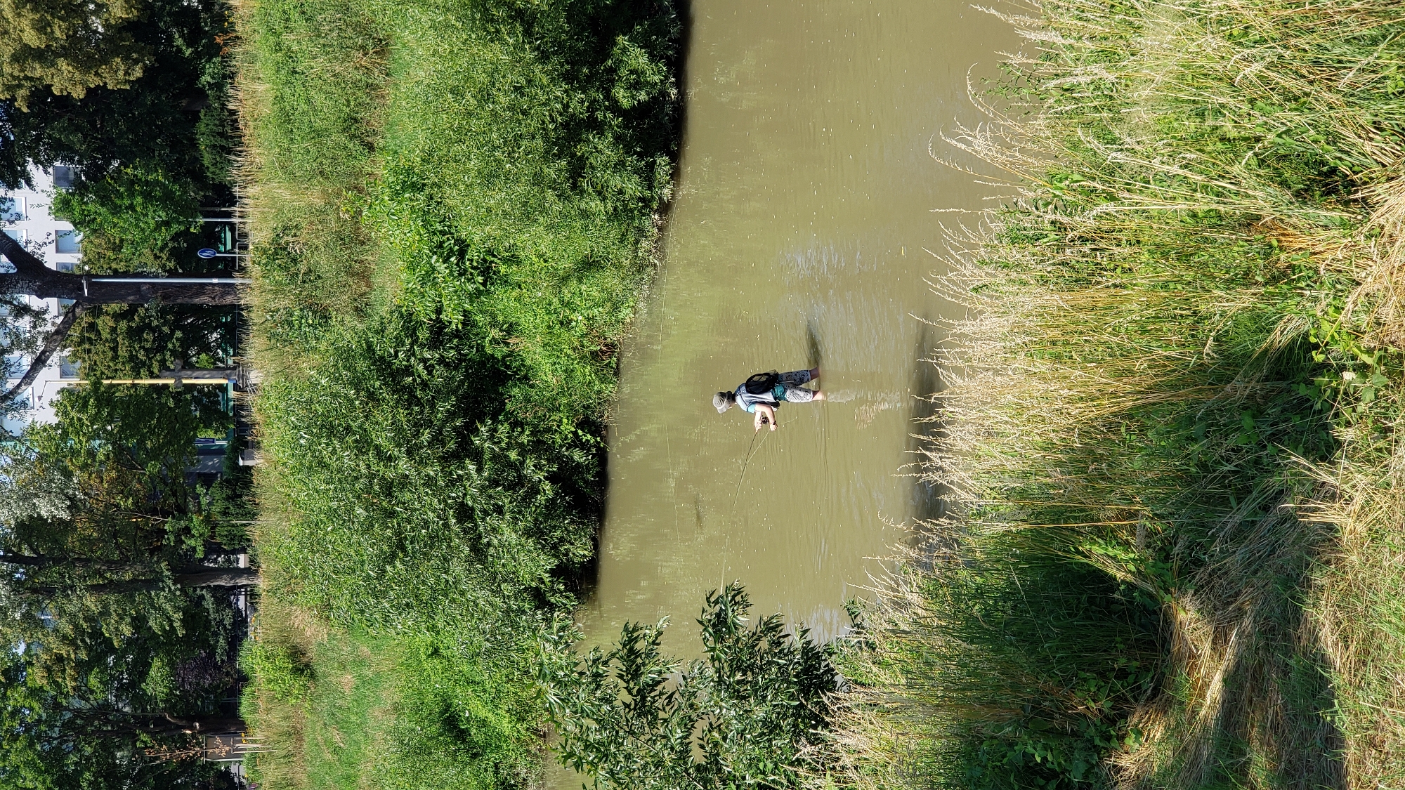 The image depicts a person fishing in a calm river, likely the Torysa River in Prešov, Slovakia. The fisherman, wearing a hat and backpack, stands in the shallow, murky water, holding a fishing rod with the line cast. Lush green trees and vegetation line the riverbanks, with a hint of urban structures, possibly buildings and streetlights, visible in the background, suggesting the location is near a developed area within the city. The water is a brownish-green color, and the surrounding landscape is dominated by natural greenery.