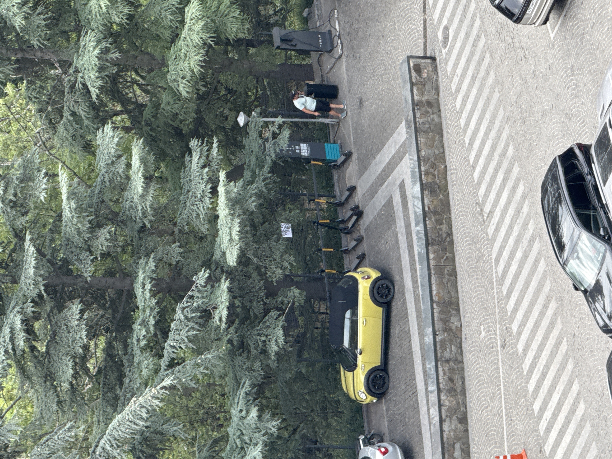 A high-angle medium shot captures an urban scene with a backdrop of dense green coniferous trees. In the foreground, a yellow Mini Cooper convertible is parked to the left. Adjacent to the car, a row of electric scooters is lined up. To the right, a man in a light blue t-shirt and dark shorts is standing near a black trash can and a charging station labeled "TESLA." A paved area with a cobblestone pattern is visible, with white striped pedestrian crossings leading into the foreground. Additional vehicles, including a black SUV and a silver car, are parked further into the frame. The overall environment suggests a public space within a city, possibly a parking area or a charging station zone.