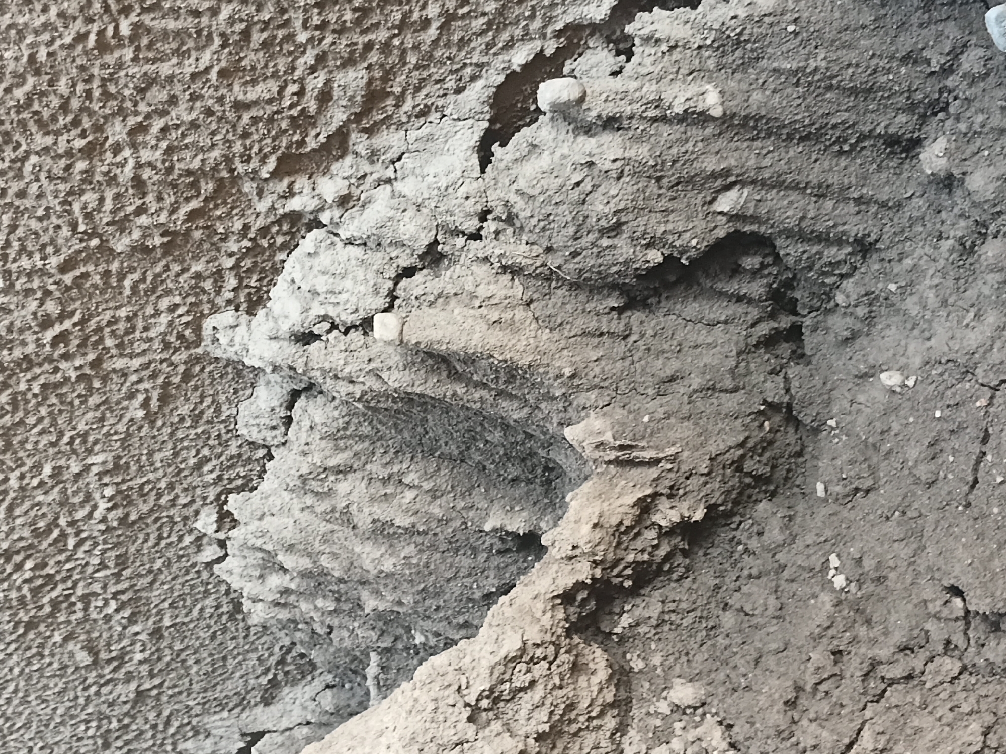 The image depicts a close-up, ground-level view of a rough, textured surface that appears to be dried mud or concrete that has cracked and eroded. The material is predominantly gray and beige, with visible fissures and uneven, clumpy formations. Small pebbles are embedded in the material. The background, seen at the top of the image, shows a similar rough texture, suggesting it is part of the same structure or ground. There are no people or discernible objects that can be used to determine location. The scene is devoid of any context that would place it in Esik, Kazakhstan or any other specific urban or natural environment.