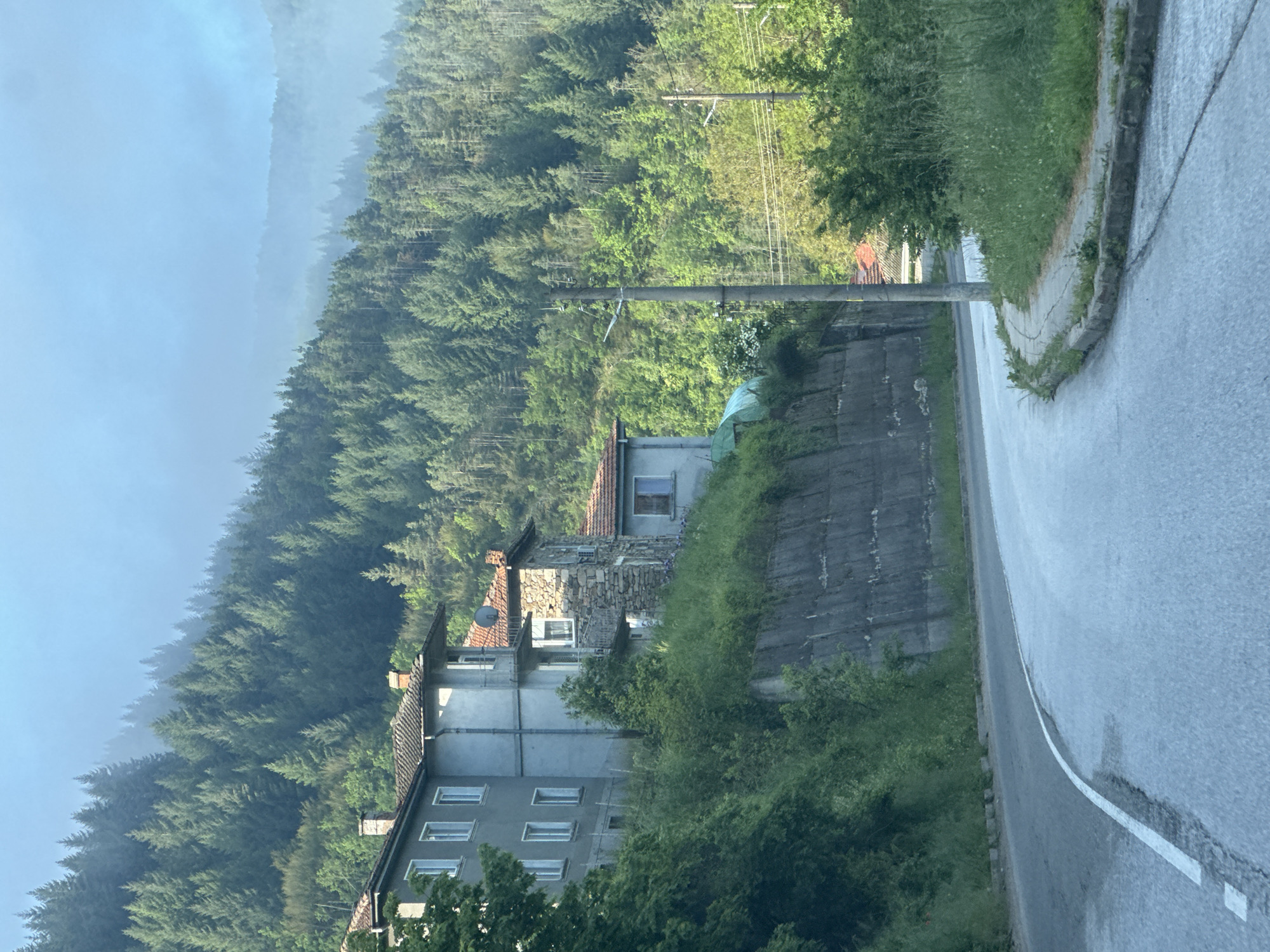 A vertical, daytime shot shows a paved road curving to the right, marked with a white line along the center. To the left of the road, a concrete retaining wall supports a hillside. Behind the wall, a multi-story building with gray siding and white-framed windows is partially obscured by trees. Above it, a section of the building has stone facing. A red-tiled roof and satellite dish are visible atop this section. Further back and to the left, a dense forest covers a hillside shrouded in mist. Power lines are visible running across the landscape. The photo appears to be taken in Taran, Bulgaria.