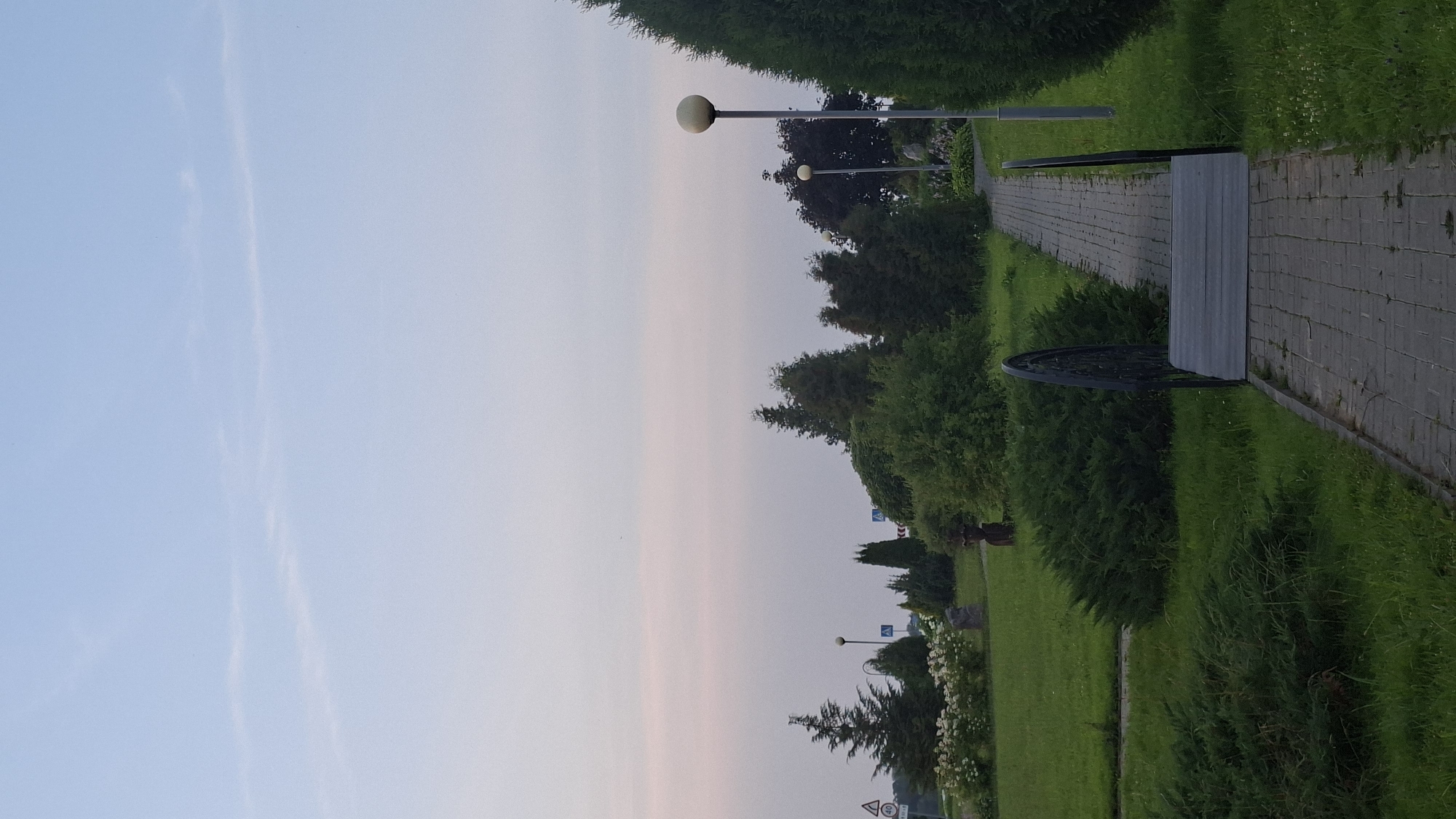 The image depicts a park-like setting with a paved walkway leading to a small, decorative bridge. Tall evergreen trees line the right side of the walkway, while lush green grass and various bushes and flowering plants are visible on the left. In the distance, more trees and some low-lying structures or signs can be seen against a pale blue sky with wispy clouds. A lamppost is positioned near the walkway. The scene appears to be a public space, possibly a park or garden, in the city of Myadzyel, Belarus. There are no people or animals visible in the image. The lighting suggests it is either early morning or late evening.