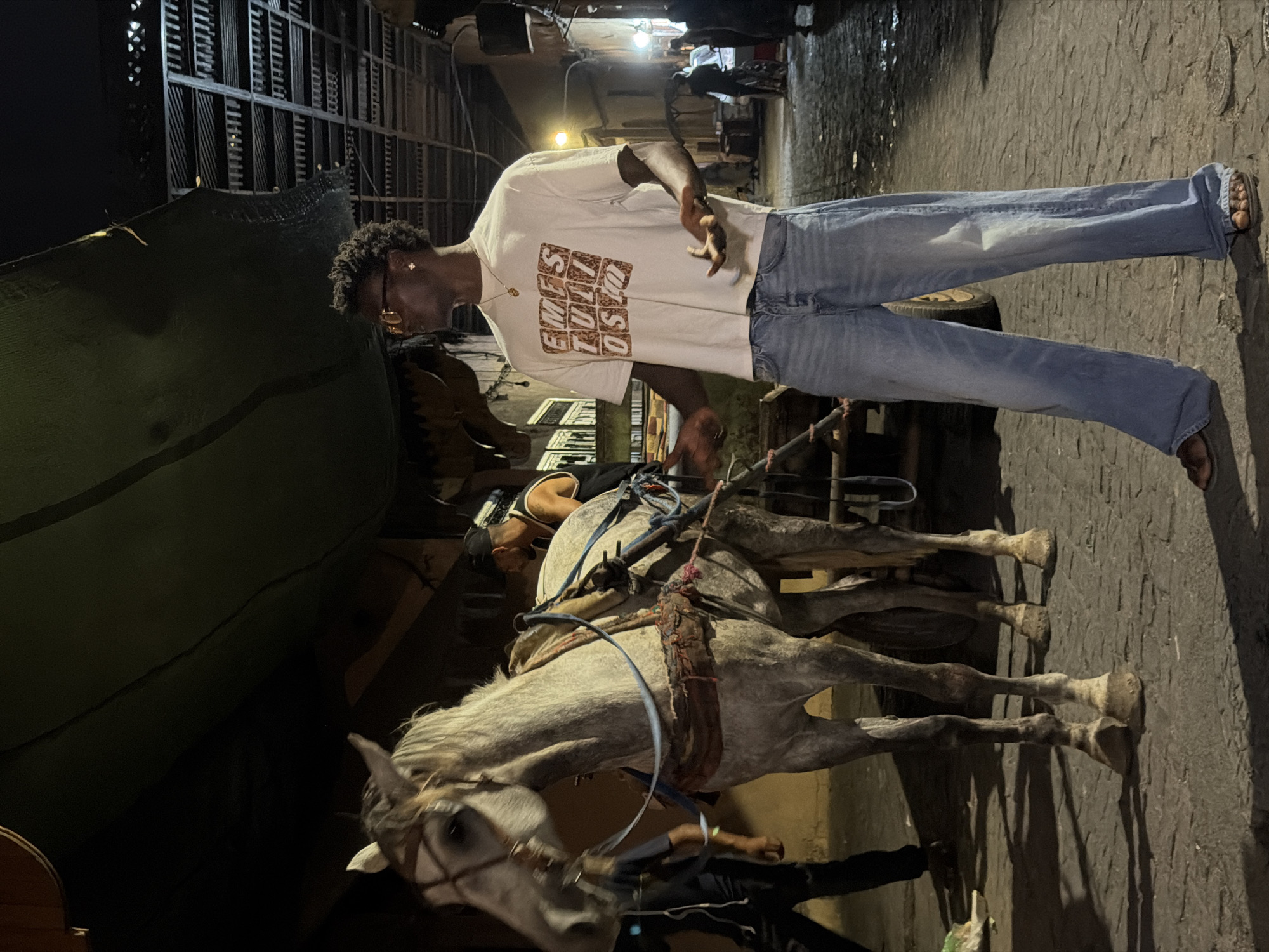 The image captures a dimly lit street scene in Marrakesh, Morocco, likely within the medina, characterized by cobblestone paving and overhead awnings. In the foreground, a young Black man stands with his arms outstretched, gesturing. He is wearing a white t-shirt with a graphic design, light blue wide-leg jeans, and brown sandals. He has dark, curly hair and is wearing glasses. To his left, a light grey horse, harnessed to a carriage, is the primary subject of the left side of the frame. The horse is facing left, and its reins are a light blue. Behind the horse and to the left, another individual, wearing dark clothing, walks away from the camera. In the background, the street opens up, revealing more structures and several other people walking, some silhouetted against the ambient light of what appears to be nighttime or dusk. The overall atmosphere is one of an active marketplace or tourist area at night.