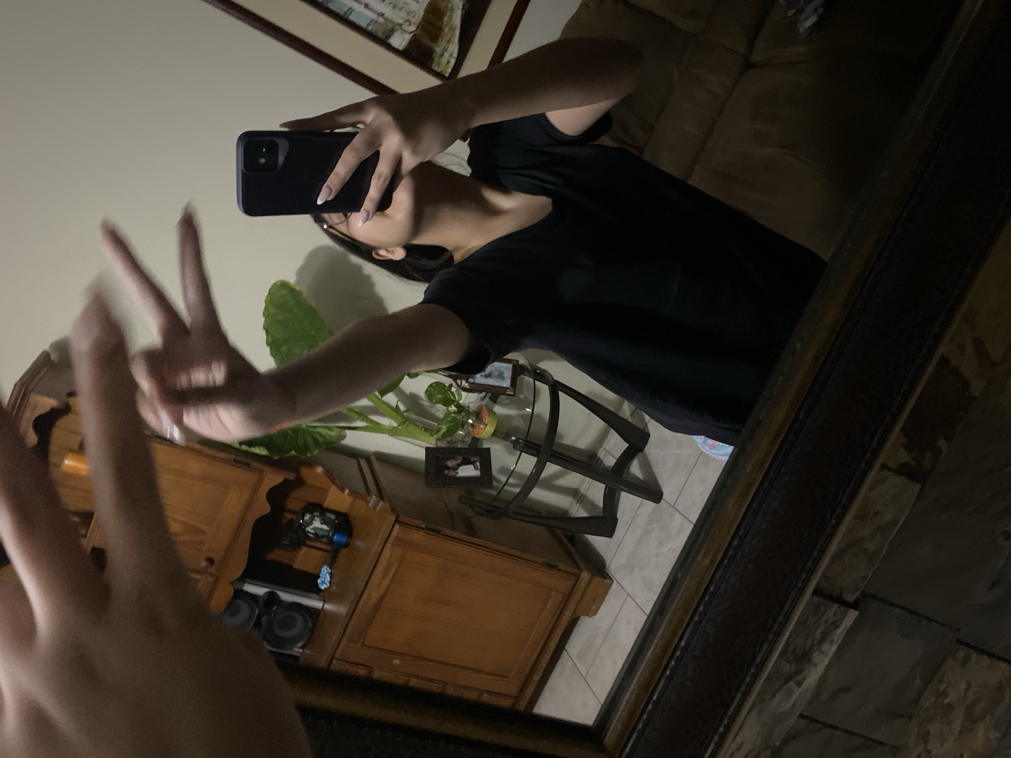A person is taking a selfie in a mirror. The person is wearing a black t-shirt and holding a black smartphone. The mirror reflects a wooden cabinet, a glass coffee table with plants, a couch, and part of a room. The location is indeterminable from the image.