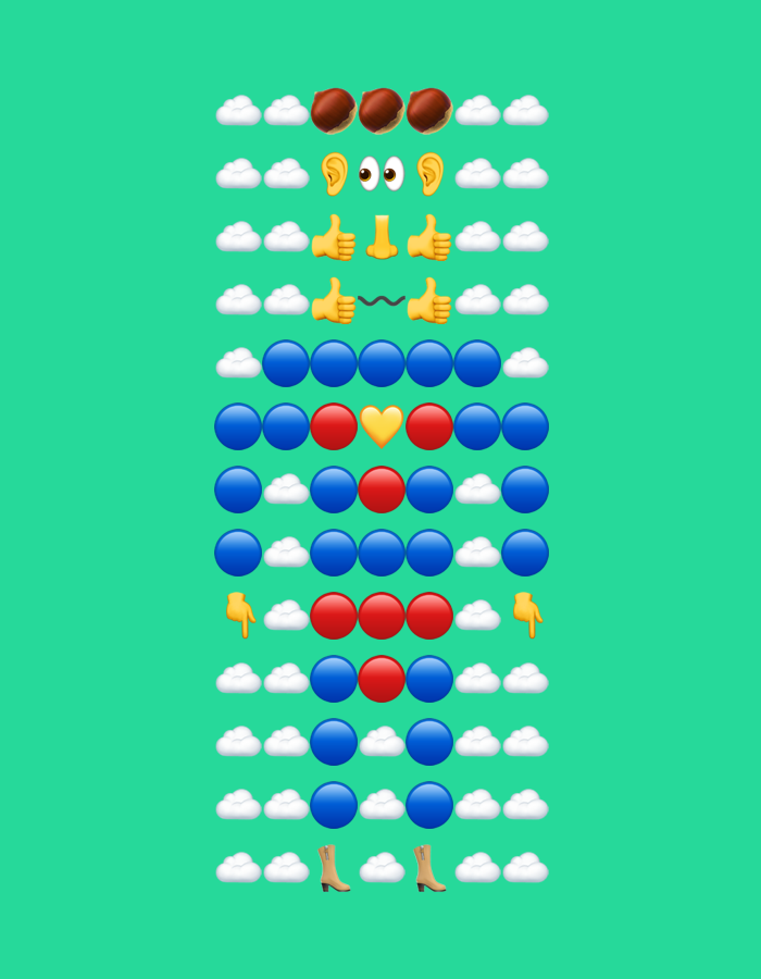 This image displays a stylized figure composed entirely of emojis, set against a plain teal background.
The figure is arranged vertically and bordered on both sides by white cloud emojis. Starting from the top, the "head" section features three brown, circular chestnut or acorn emojis, followed by a row containing two human ears flanking two wide-open eyes. Below this, a nose emoji and two thumbs-up hand emojis create a facial structure. The next row shows two more thumbs-up emojis framing a wavy line emoji, suggesting a mouth or moustache.
The "body" or "torso" section consists of multiple rows of blue and red circular emojis, interspersed with white clouds. A prominent feature in the upper part of the torso is a yellow heart emoji, surrounded by red circles, suggesting a central emotional element. Further down, pointing finger emojis appear on the left and right, drawing attention to a segment of red and blue circles.
The figure concludes at the bottom with two brown cowboy boot emojis. The overall impression is that of a static, abstract character, possibly a cowboy or frontiersman, conveying a positive sentiment with the thumbs-up gestures and a heartfelt message with the central heart. There are no visible textual elements within the image, and the setting is entirely abstract, lacking specific location cues other than the generic clouds.