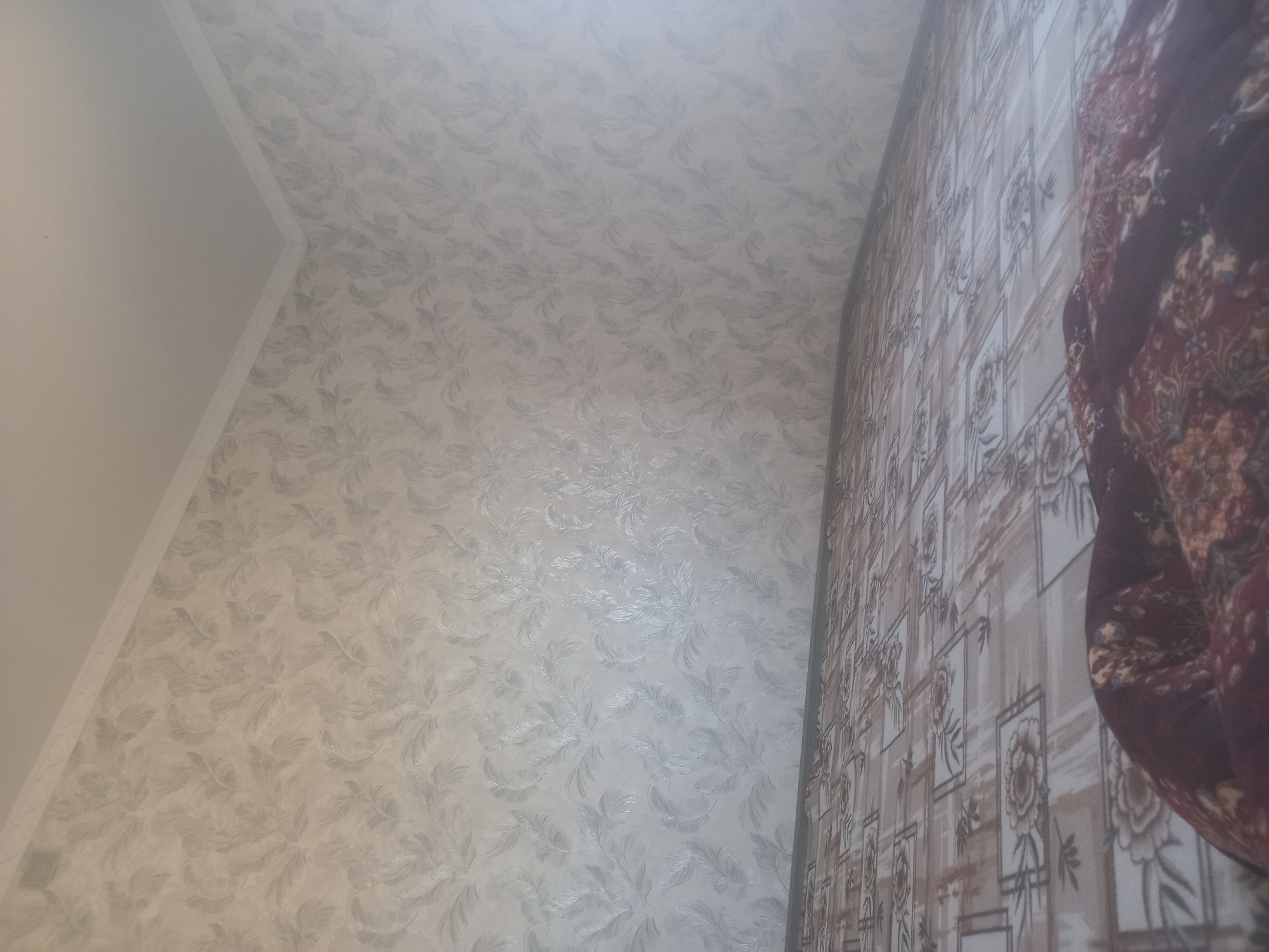 The image depicts an interior scene, likely a bedroom, with a focus on the wall and the floor. The wall is covered with light-colored wallpaper featuring a subtle, repeating pattern of stylized leaves or feathers in a slightly darker shade, creating a textured and somewhat iridescent effect. The wallpaper extends up to a white crown molding that frames the corner where the wall meets the ceiling. The ceiling itself appears to be a plain, light color.
The floor is covered with a patterned rug or carpet. The pattern consists of a grid of rectangular panels, each containing a floral motif, likely peonies, within a border. The colors of the rug are muted, with shades of beige, brown, and white, creating a somewhat dated aesthetic. In the foreground, a corner of a dark red and brown patterned blanket or duvet is visible, suggesting a bed is present though not fully in view.
The lighting in the room appears to be natural, possibly from a window to the right, casting a soft, diffuse light and creating a subtle haze towards the right side of the image. The perspective is low, as if the photograph was taken from a lying position on the floor or a very low bed.
The scene is devoid of any people or specific actions. It is a static view of a domestic interior. Without additional context, it is impossible to definitively place this scene in Aktam, Uzbekistan, as the visual elements are generic to many residential interiors. However, if this is indeed a property in Aktam, it represents a typical living space within that city.