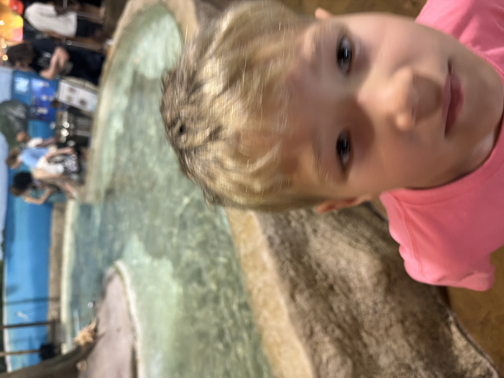 The image shows a close-up of a child's face in the foreground, with a blurry aquarium or pool in the background. The child has blond hair and is wearing a pink shirt. In the background, there are people, water, and rocky structures. The setting appears to be an indoor exhibit at the Long Island Aquarium in Riverhead, New York, United States of America, as suggested by the presence of an aquarium and the visible blue background which could represent a mural or a tank divider. The water is clear with some light green algae visible. The overall impression is that of a casual visit to an aquatic exhibit.