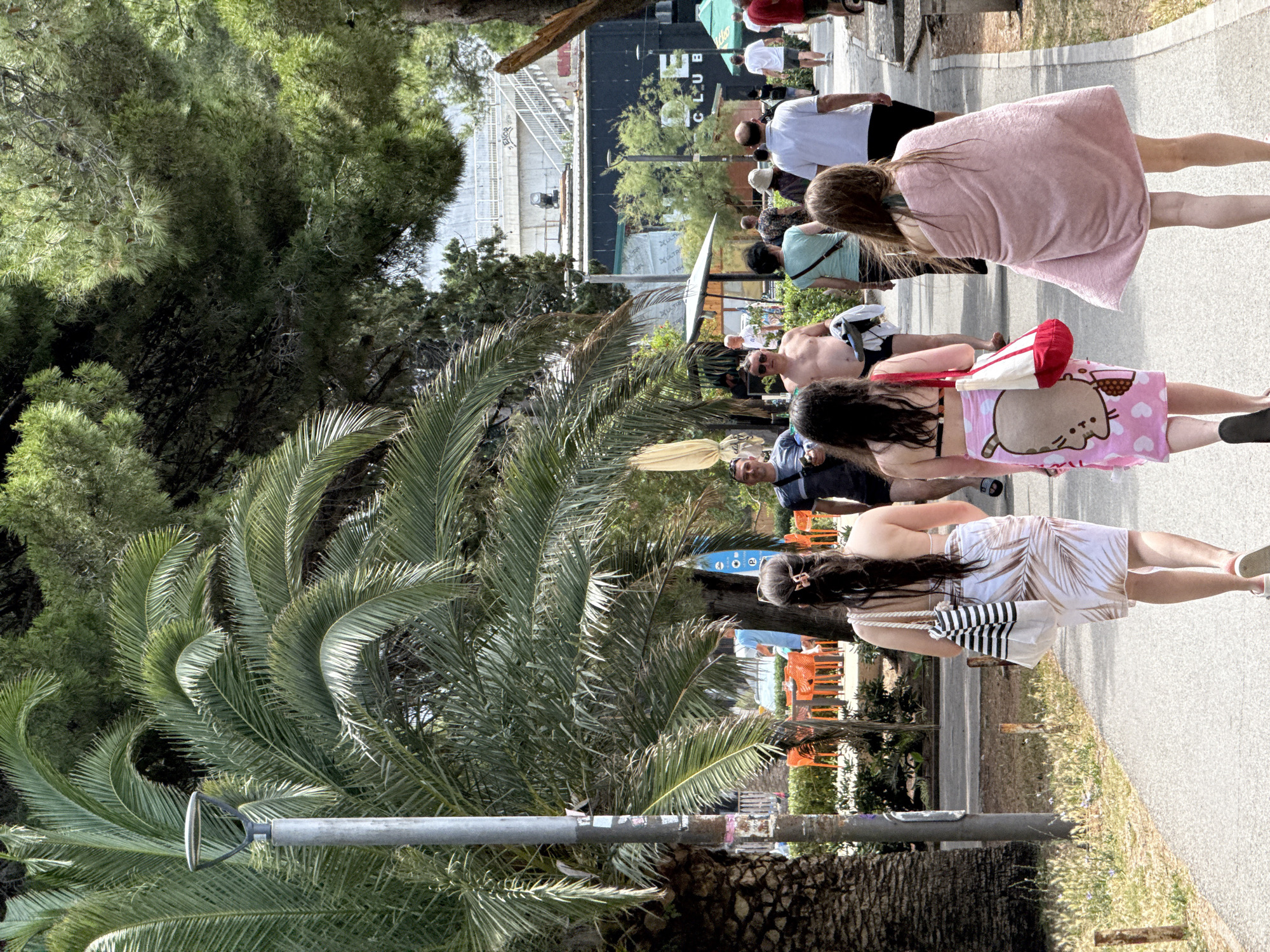 This vibrant daytime image captures a sunny pedestrian pathway in Budva, Montenegro, bustling with people amidst lush greenery. Large palm trees dominate the foreground and midground, with denser pine trees visible further in the background.
Several individuals are seen strolling along the paved path. In the immediate foreground, two women walk away from the viewer. One wears a pink towel featuring a distinct Pusheen cat graphic and carries a red and white tote bag. The other is dressed in a white and brown leaf-patterned sundress, carrying a black and white striped shoulder bag. Further along the path, a shirtless man wearing sunglasses is visible, as are other people, including a man carrying a yellow object (possibly an umbrella), a woman in a light blue top, and another woman wrapped in a pink towel, suggesting a beach or resort setting.
A street lamp is present in the foreground. In the background, a large building with the word "CLUB" prominently displayed on its facade indicates a nearby entertainment venue. Distant orange chairs are also discernible, possibly from an outdoor cafe. The weather is bright and sunny, creating a relaxed, summery atmosphere at this coastal location.