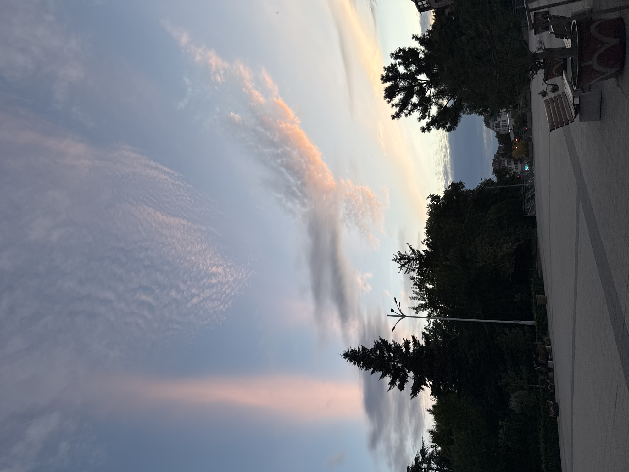 The image depicts a twilight scene in a public space within the city of Plovdiv, Bulgaria. The sky is a soft blue with delicate clouds tinged with pink and orange hues, suggesting the setting sun. Two prominent vertical bands of pink light, possibly crepuscular rays, stretch upwards from the horizon. Silhouetted against the sky are various trees, including a tall, dark evergreen in the foreground. A streetlamp stands amidst the foliage. The ground is paved with large grey tiles, forming a plaza-like area. Benches are visible in the foreground, some with people sitting on them. Decorative planters with red and white patterns contain potted plants. In the background, buildings with distinct architecture, typical of Plovdiv, are visible, along with what appear to be streetlights and signs. The overall atmosphere is serene and urban.
