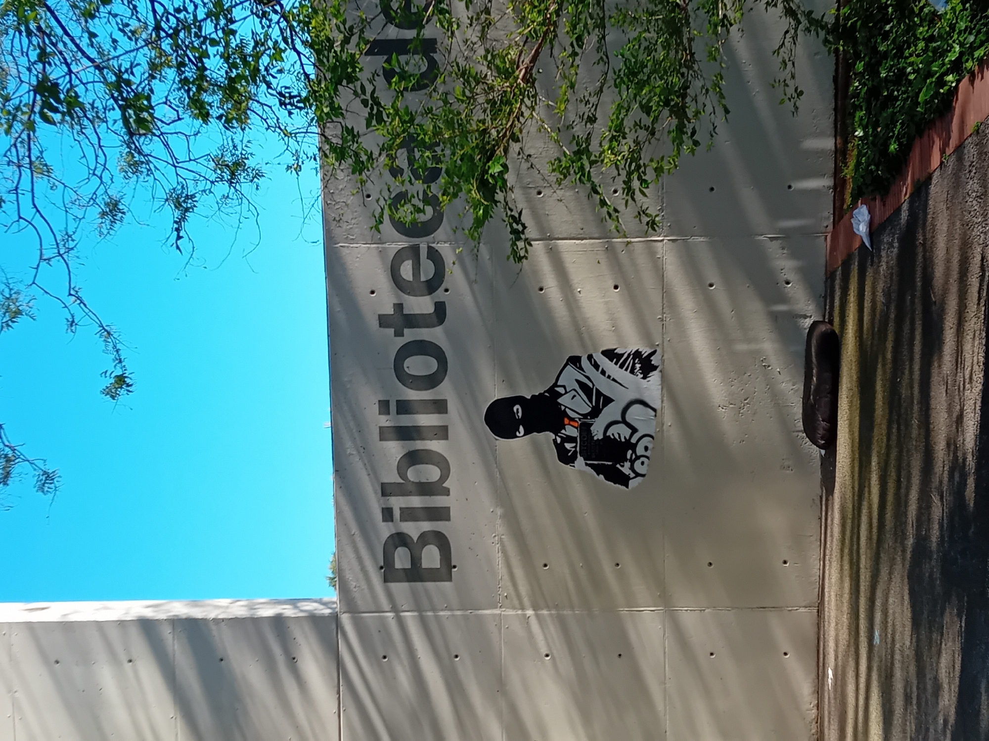 The image shows the exterior wall of a building in Barcelona, Spain. The name "Biblioteca" is printed vertically on the wall, indicating that this is likely a library. There is a black and white street art sticker of a figure wearing a ski mask, with what appears to be a cryptocurrency theme, attached to the wall. The building's facade is a light gray color. A sidewalk runs alongside the wall. There are tree branches and leaves visible at the top of the image. The sky is blue. The lighting suggests it is a sunny day, with shadows of tree branches cast onto the wall.